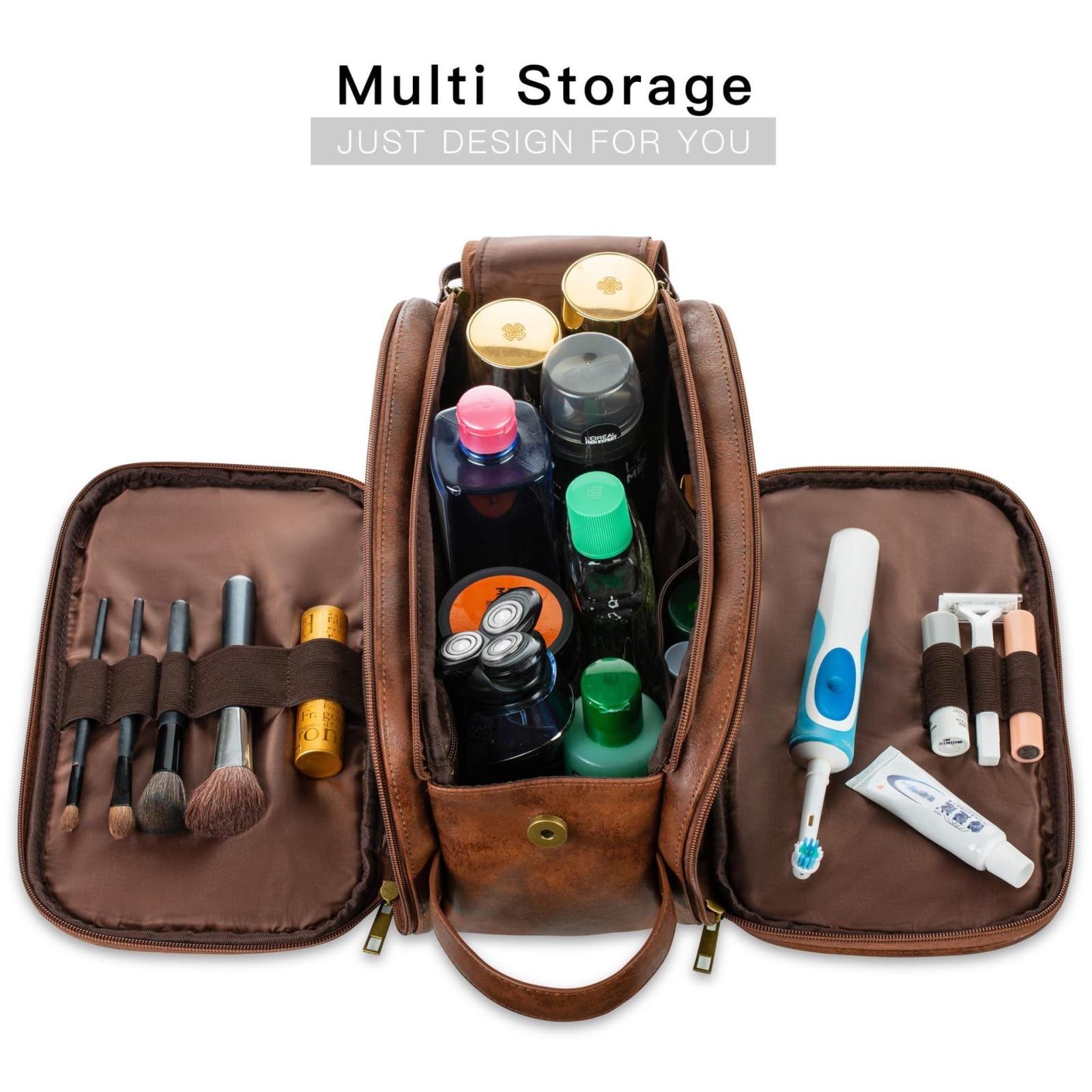 HJDMO Vintage PU Leder Herren Kulturbeutel Große Kapazität Reise Kulturbeutel Organizer für Männer Wasserdicht Dopp Kit mit Griff, dunkelbraun, 12 in. x 6.7 in. x 7.1 in., Klassisch