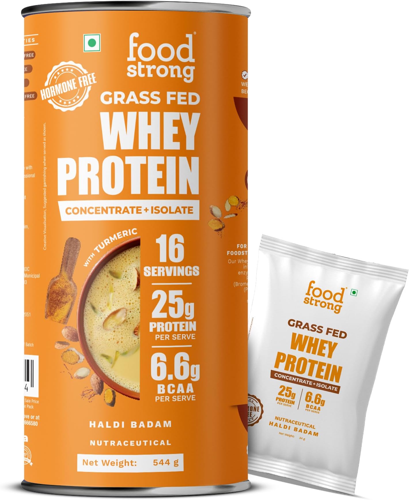Foodstrong Whey Protein Powder (Concentrate + Isolate), 100% Hormone Free Grass-Fed Whey, 25G Protein & 6.6G BCAA, Haldi Badam, With Turmeric & Digestive Enzymes, 16 Sachets, 544G