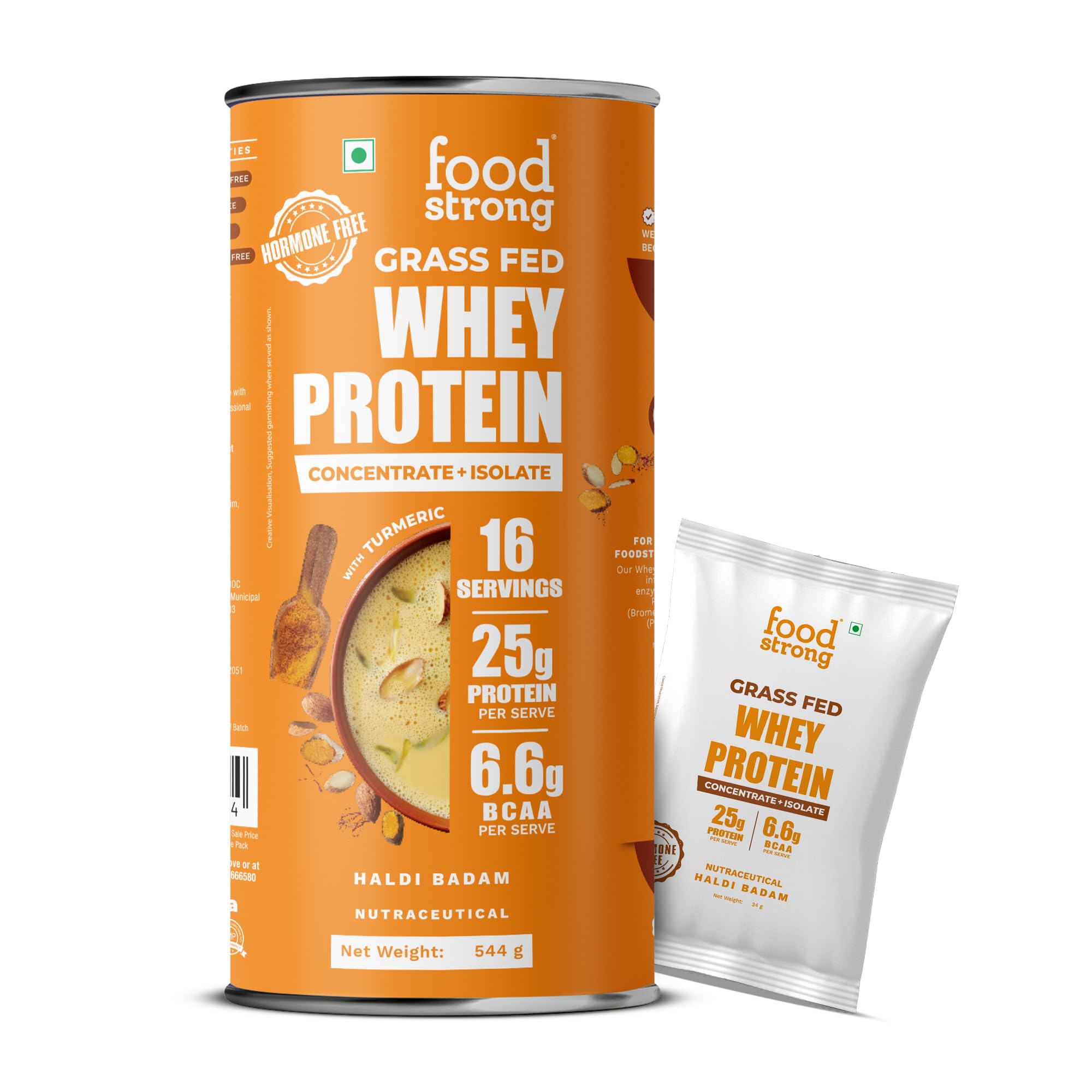 foodstrongWhey Protein Powder, Grass-fed, 100% Whey, Haldi Badam Protein- Kesar Flavour, 24.5g Protein, With Turmeric, Green Tea, Ashwagandha & Digestive Enzymes, 16 sachets, 543g