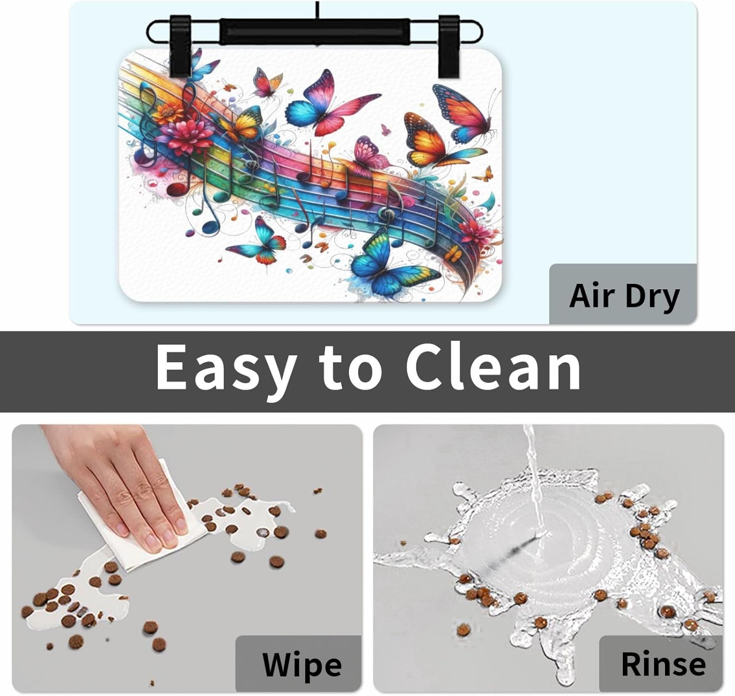 Colorful Rainbow Musical Note Flowers Butterfly Dog Food Mat, Leather Pet Feeding Mat, Cat Mat for Food, Absorbent Pet Placemat for Indoor Outdoor Water Bowl 40x60cm