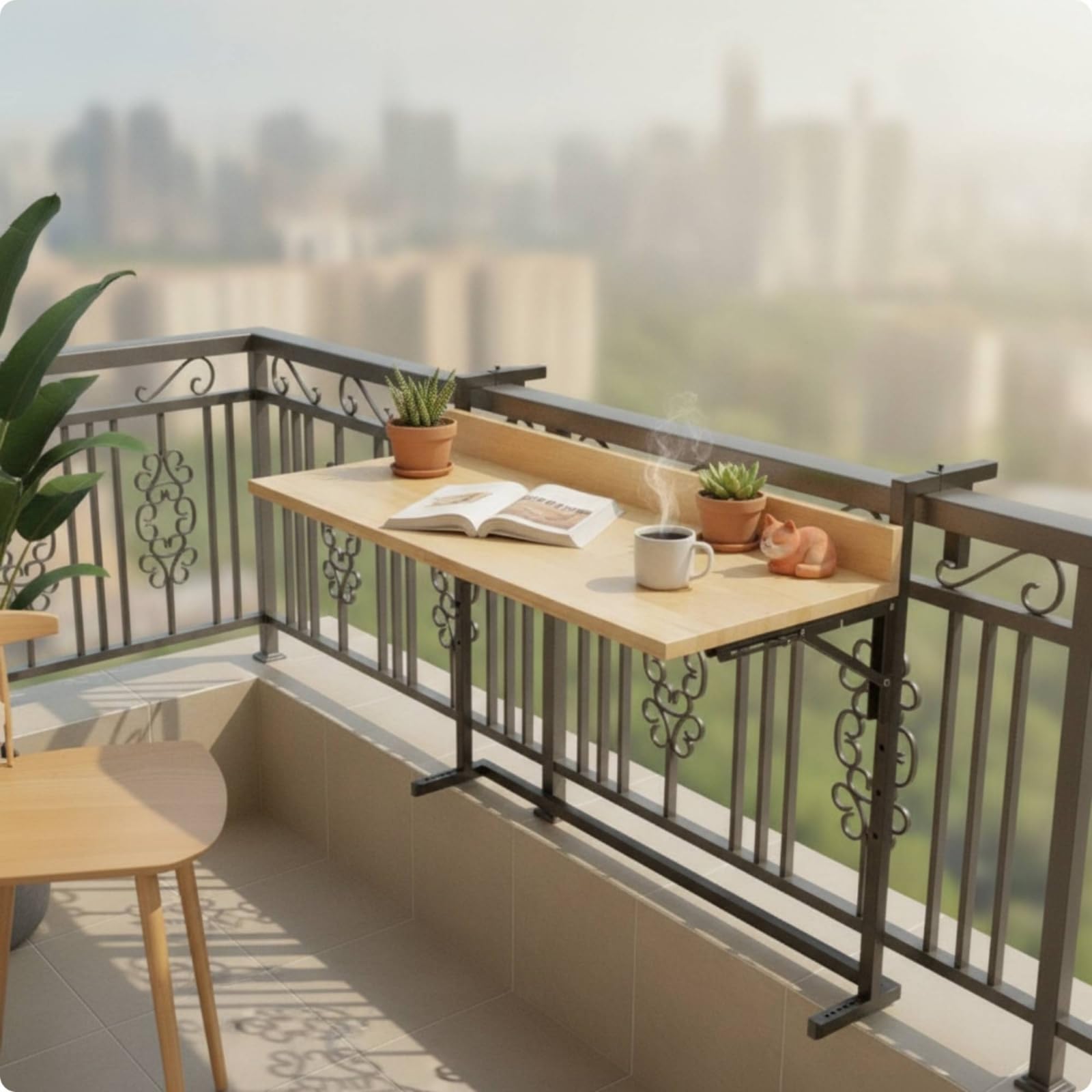 Bancone da Balcone Pieghevole Tavolo da Ringhiera Mensola Pieghevole per Esterno Tavolo Compatto in Legno E Metallo Clamp Regolabile Adatto per, 90CM