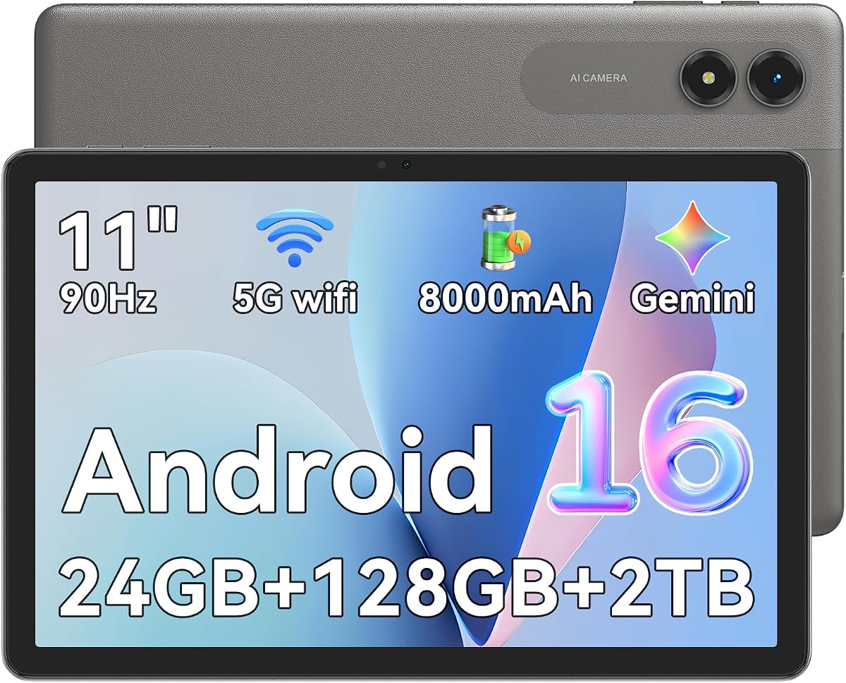 Tablet 11 Pulgadas, Tablet Android 16 24GB RAM + 128GB ROM (2TB Ampliable), Pantalla IPS 90Hz, Batería 8000mAh, Octa-Core T7250, con OTG, Gemini AI, WiFi de Doble Banda, Gris para Estudio Entretenimiento