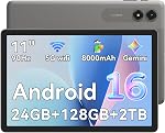 Tablette Android 16 11 po, 24 Go RAM + 128 Go ROM + 2 To extensible, affichage IPS 90 Hz, processeur octa-core T7250, 8000 mAh OTG inversé et charge rapide, tablettes Gemini IA, Wi-Fi 5G, garantie de 4 ans, Gris