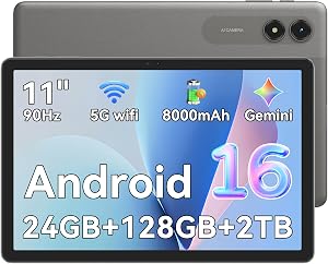 Tablette Android 16 11 po, 24 Go RAM + 128 Go ROM + 2 To extensible, affichage IPS 90 Hz, processeur octa-core T7250, 8000 mAh OTG inversé et charge rapide, tablettes Gemini IA, Wi-Fi 5G, garantie de 4 ans, Gris