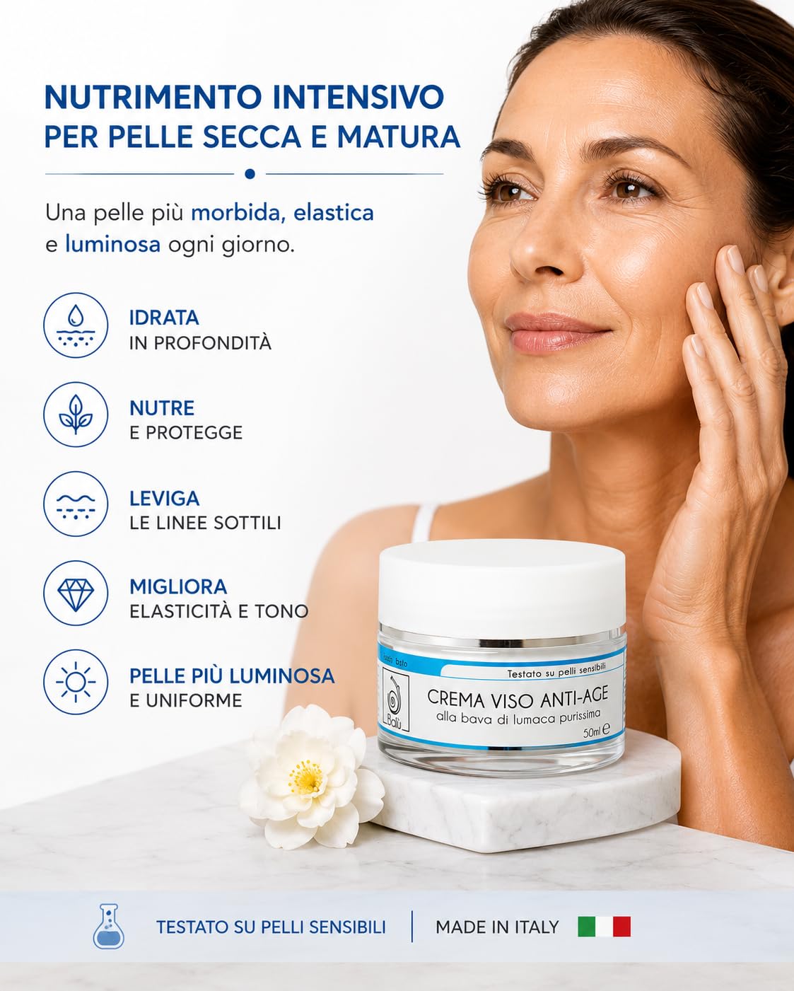 BALÙ Crema Viso Anti-Age alla Bava di Lumaca Purissima – Nutriente e Idratante per Pelle Secca e Matura, con Sodio Ialuronato, Avocado e Karité – Made in Italy, 50 ml