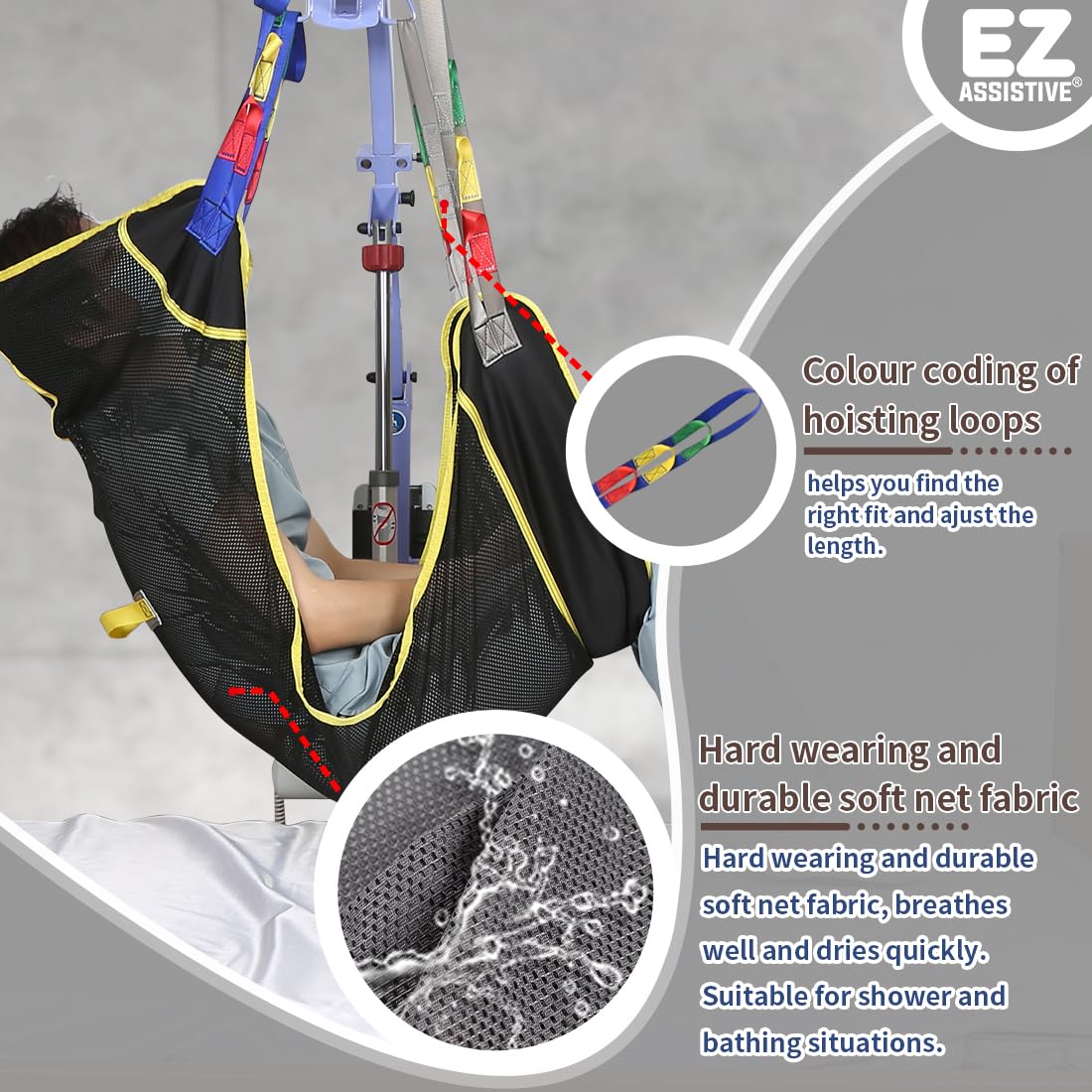 Sling de levage corporel complet EZ Assistive 225kg–Sling de transfert en mesh ultra-résistant pour fauteuil roulant, toilettes et douche (S)