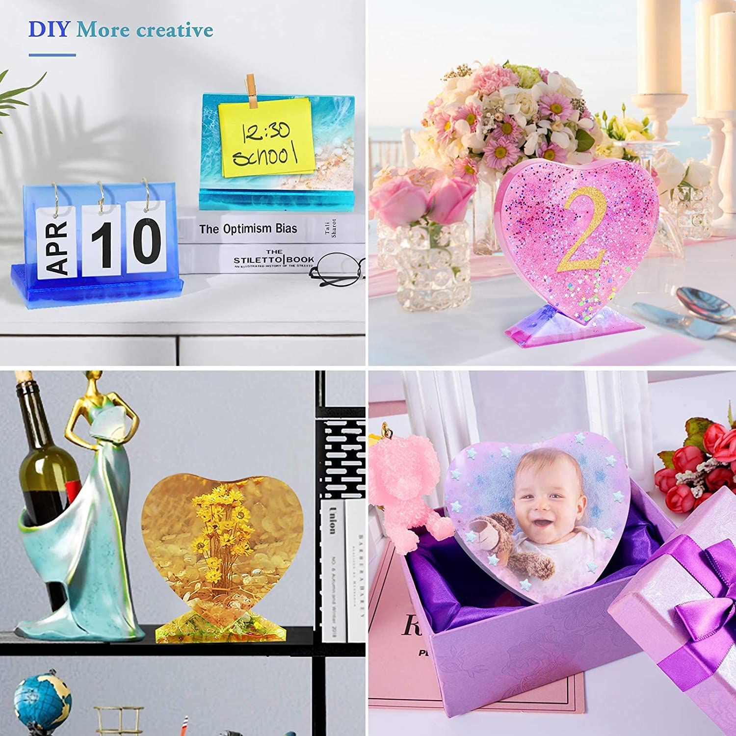 EnaMeena Set of 2 Heart-Shaped Display Pictures with Built-in Stand. Silicone Molds for Epoxy Resin Casting. Perfect for Home Decor, DIY Projects, and Art Creations. 3