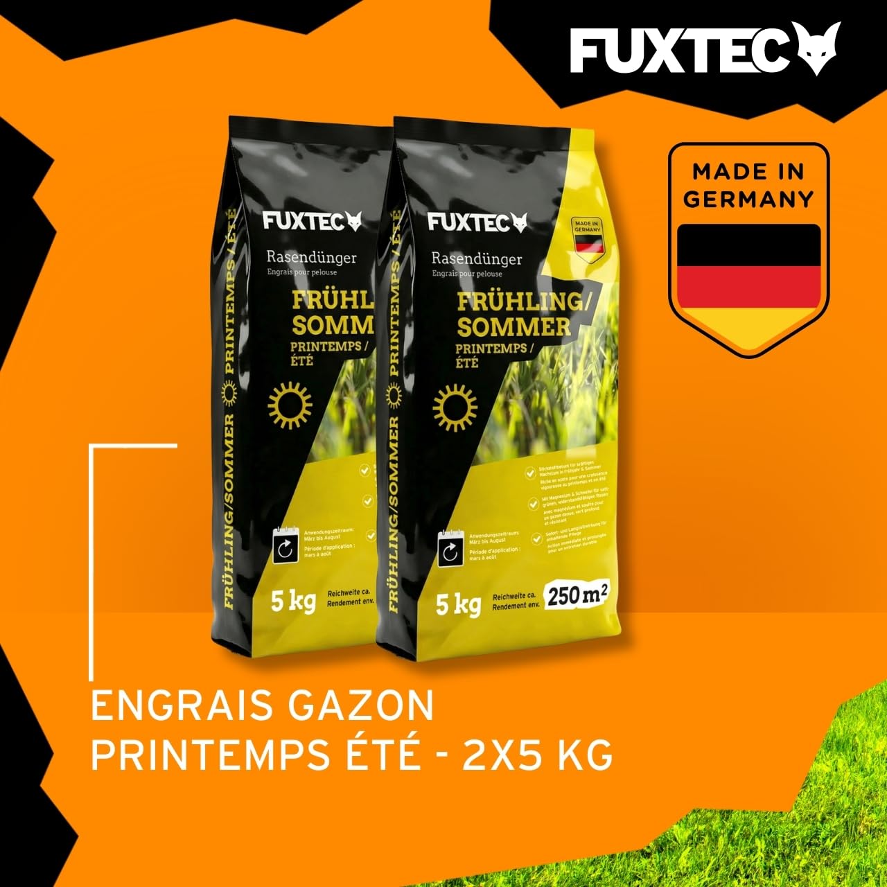 FUXTEC Engrais gazon printemps été FX-RDFS10 – 10 kg (2x5kg) rendement 250m2 fertilisant pelouse NPK 12+3+5 organo-minéral – azote à libération progressive – magnésium et soufre – granulés fins