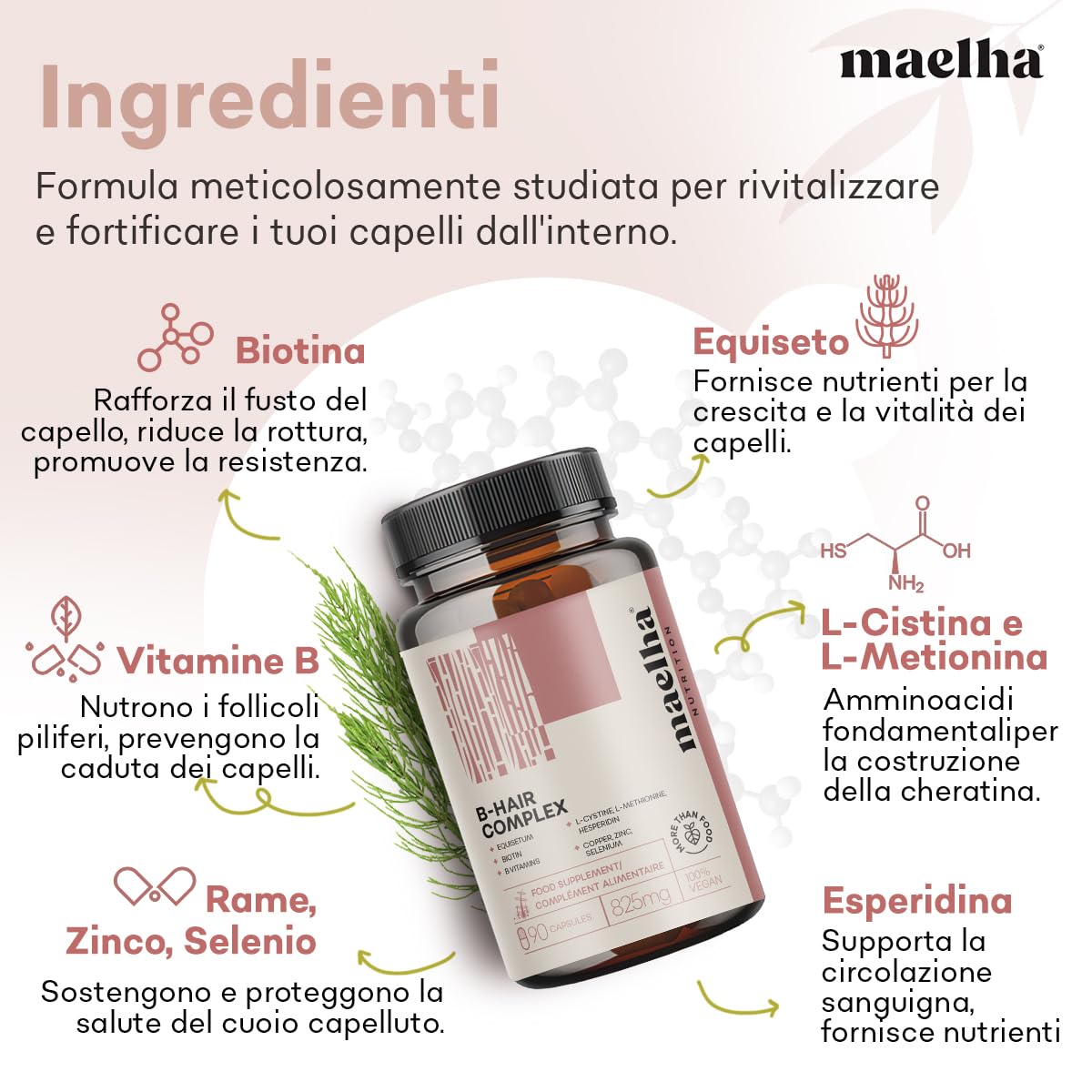 B-Hair Complex | Integratore Capelli e Unghie | Biotina Complex con L-cistina, Equiseto e Vitamina B | Integratore Capelli Uomo e Donna | 90 capsule | 100% Vegano