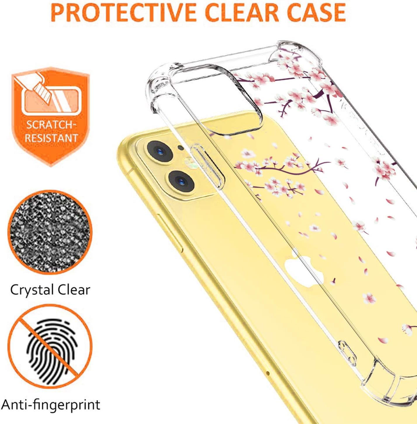 Hepix iPhone 11 Case 6.1 inch Clear Cherry Flowers with Design, Cute Floral Slim Flexible Crystal TPU Full-Around Shockproof Bumper Protective iPhone Case for Women, Anti-Scratch Shock Absorption Pink