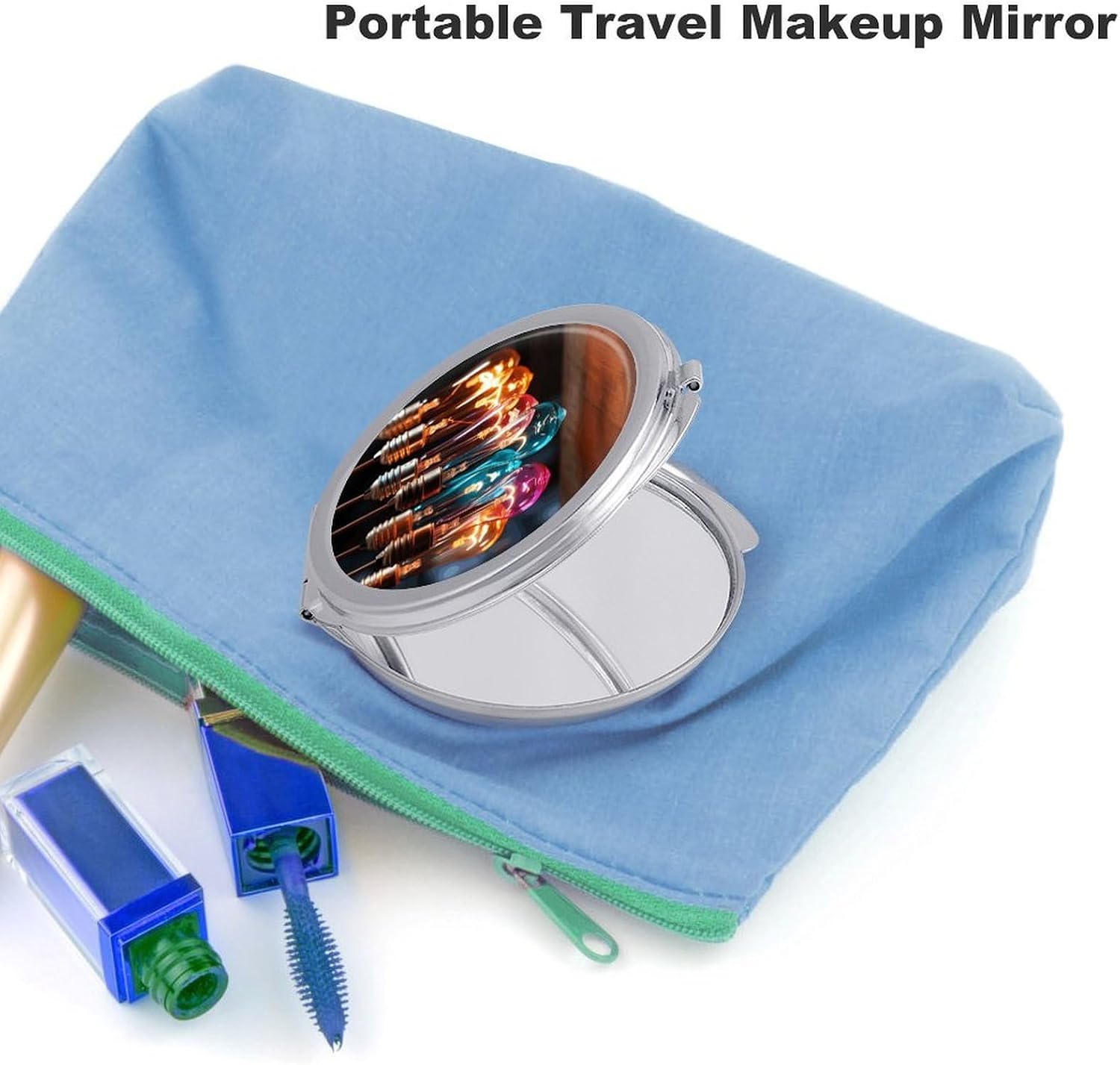 Compact Mirror for Purse, A String of Colored Light Bulbs Makeup Mirror Ultra Slim Double-Sided 1X/2X Magnifying, Small Pocket Mirrors Foldable Vanity Mirrors for Travel, On-The-Go Touch-Ups image 3