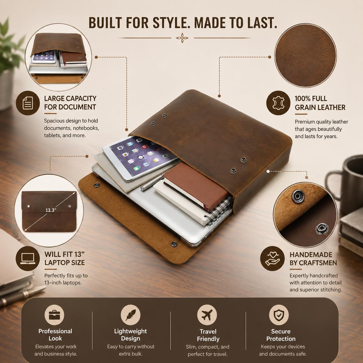 Warreplica Leder-Padfolio, Aktenordner & Dokumentenmappe | Geräumige Leder-Laptoptasche für 13-, 14- und 15-Zoll-Laptops, Tablets & MacBooks | A5-Ordner, Umschlag, Portfolio & Dokumentenhülle