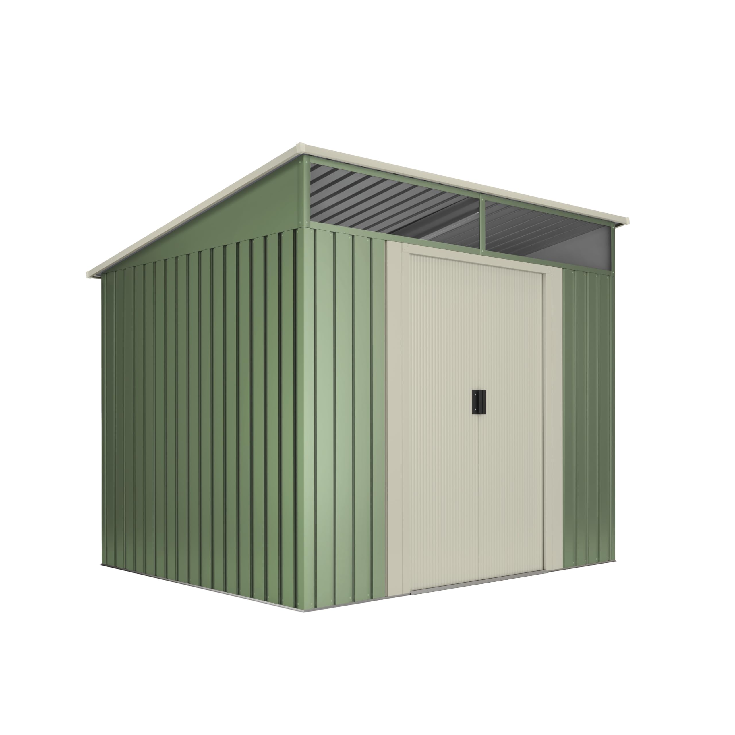 Wasabi Casetta metallica da giardino 4,60 m² Stark, lucernario in policarbonato, verde e beige, doppia porta scorrevole, tetto inclinato, capanno in metallo, stoccaggio esterno