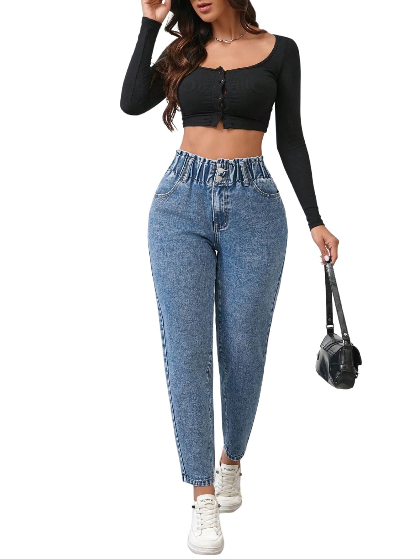 SOLY HUX Pantalon en jean pour femme - Taille haute - Pantalon en jean avec poches - Pantalon avec taille élastique - Jean avec coupe carotte - Streetwear