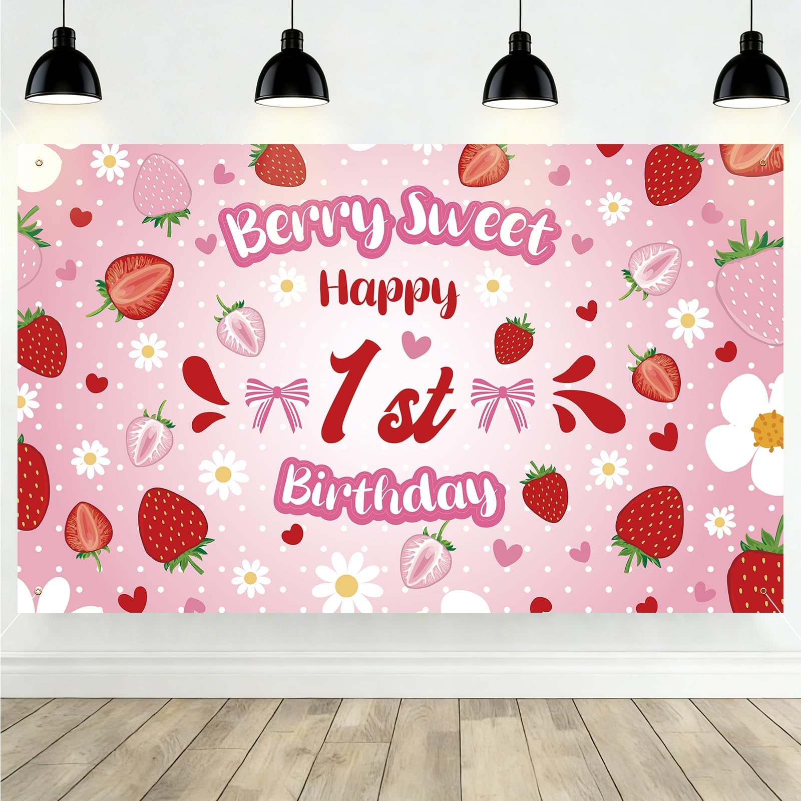 Strawberry 1st Birthday Backdrop for Girls - Pink Berry Background 71x43in