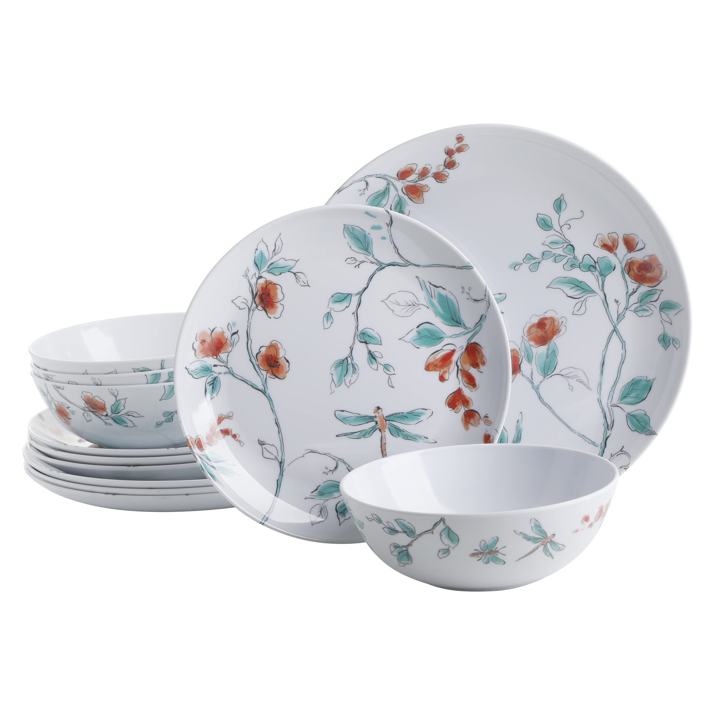 Martha Stewart Dragonfly 12 Piece Decorated Melamine Dinnerware Set - White