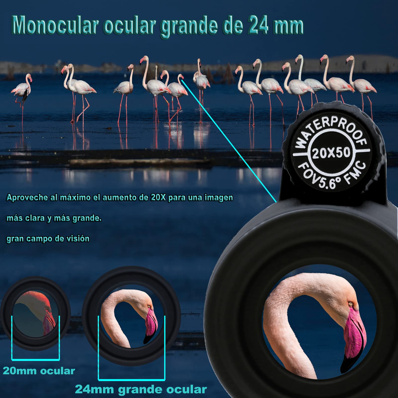 Telescopio Monocular 20x50 HD Impermeable Monoculo Profesionales de Alta Potencia con BAK4 Prism, Soporte para Teléfono y Trípode Giratorio para Observación de Aves y Caza Camping Concierto