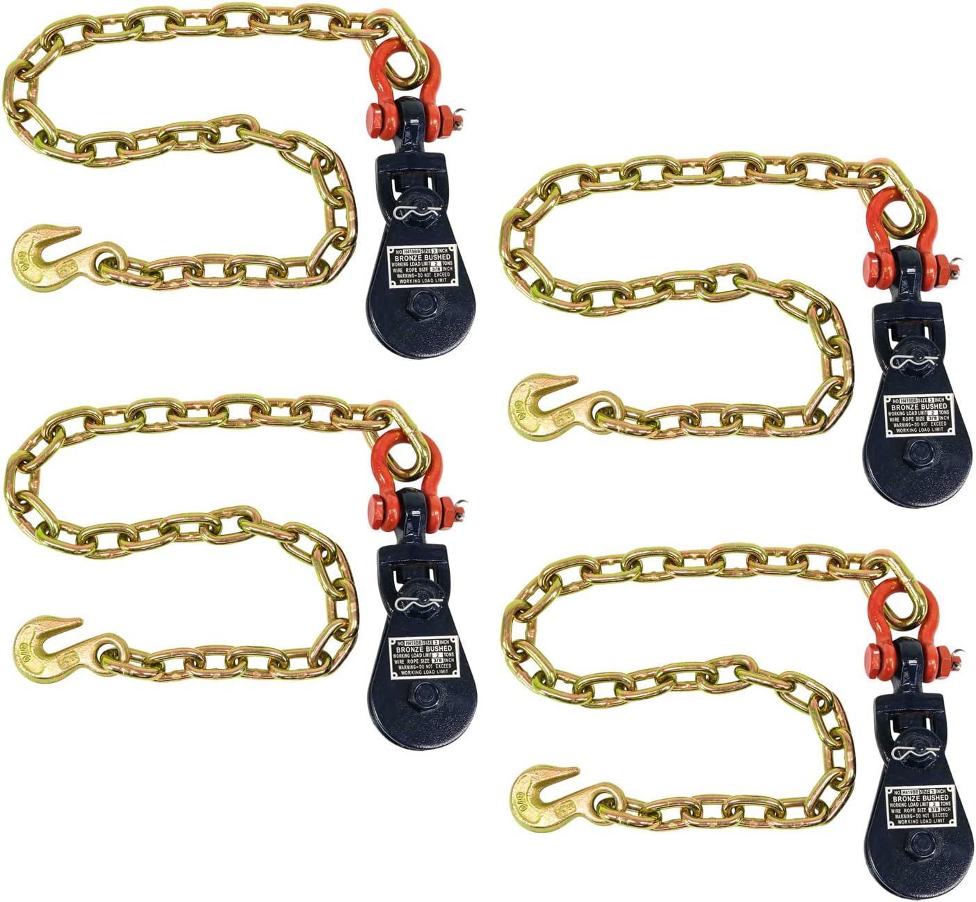 Mytee Products 2 Ton Snatch Block w/Chain Flatbed Tow Truck Rollback Wrecker Car Carrier Cable (4 Pack)