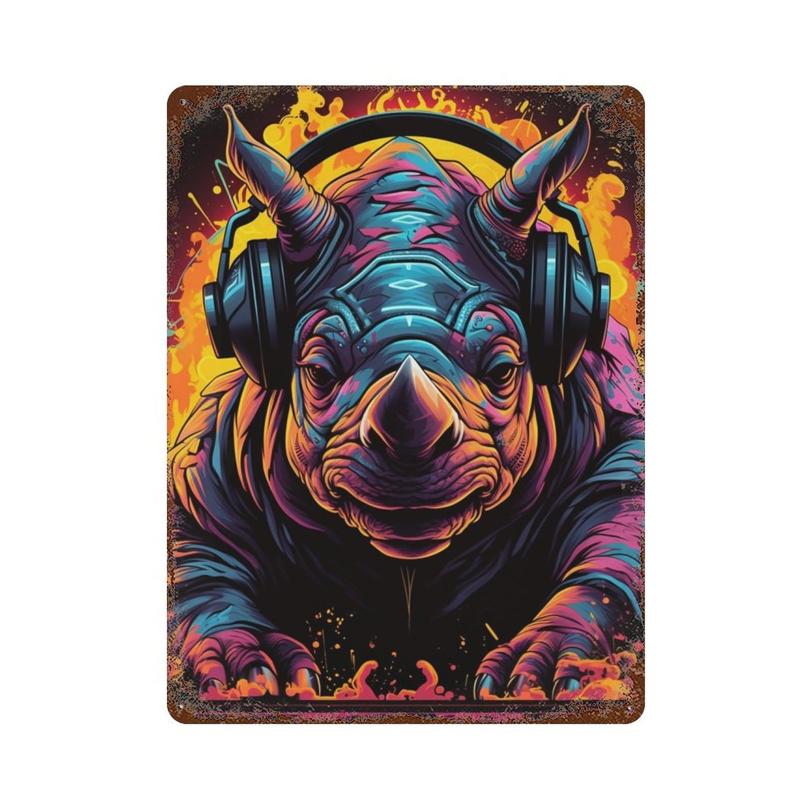 Rust Effect Rhinoceros DJ Headphones Art Print Rusty Metal Tin Sign 15.7"x11.8", Decorative Metal Wall Art for Farmhouse, Kitchen And Entryway Decor