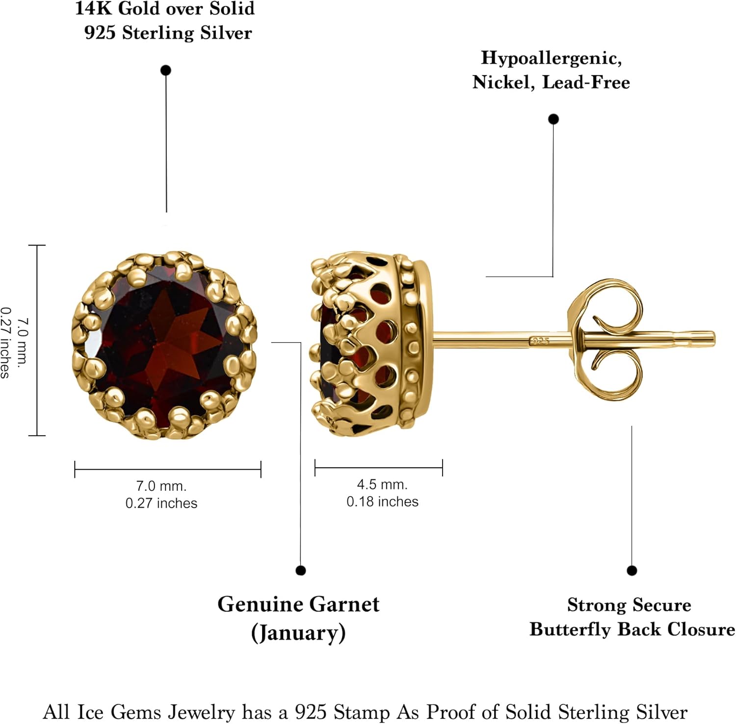Ice Gems 14K Gold 925 Sterling Silver Genuine, Created or Simulated Birthstone 6mm Gemstone Crown Stud Earrings for Women & Girls