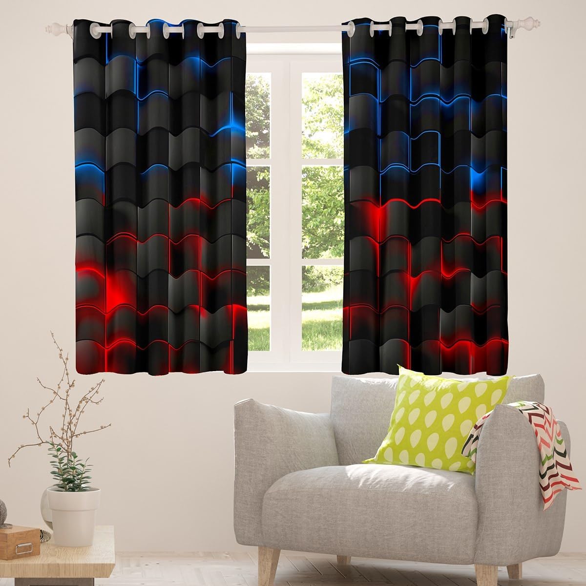 Feelyou Red Blue and Black Curtains for Bedroom Living Room (2 Panels, 52 x 84 Inch) Kids Light Geometric Blackout Curtains Boys Darkening Drapes Modern Style Window Treatments