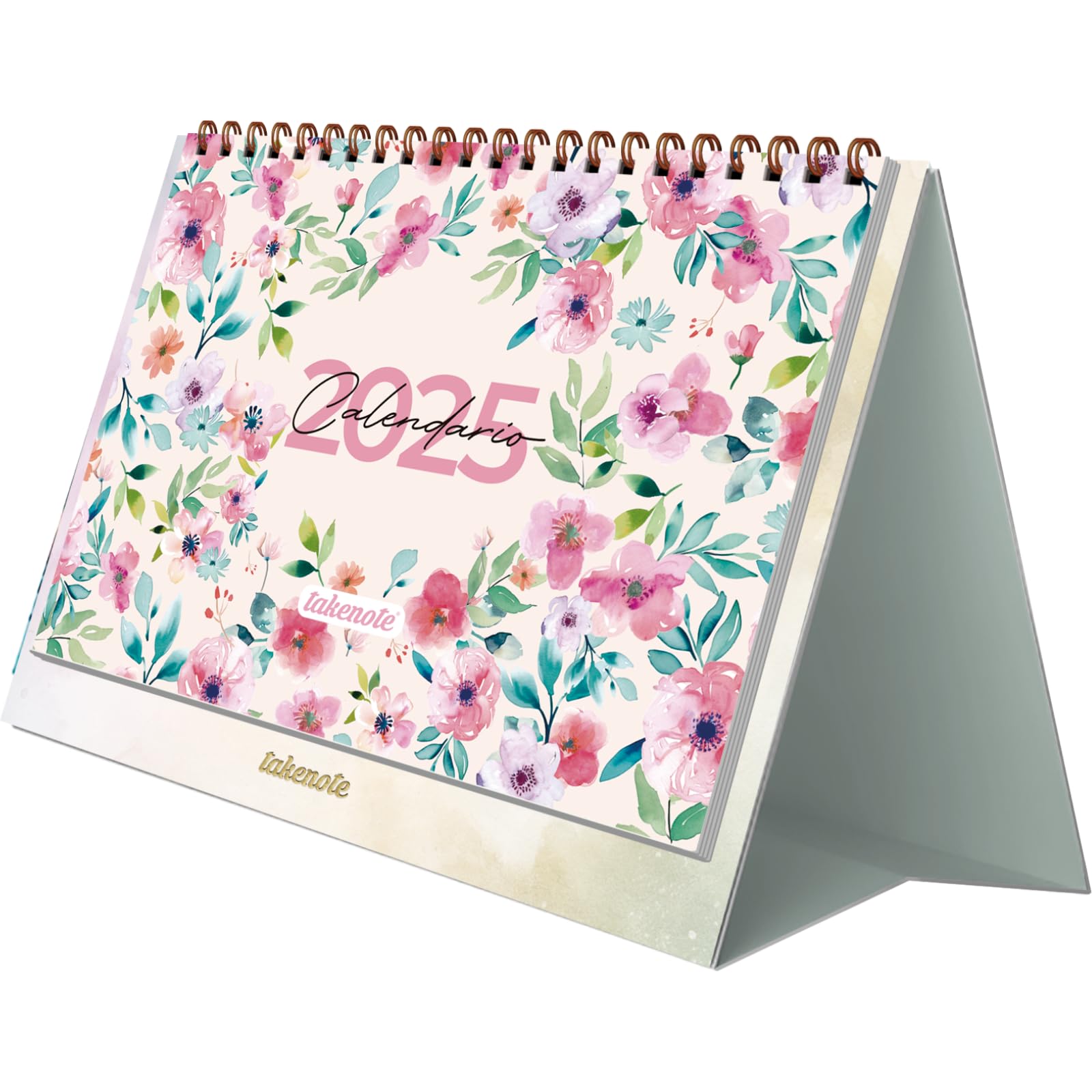 Desktop Calendar 2025 - Monthly January to December, Spanish and English, Size 21.5 x 15.5 cm, With Monthly and Annual Planners, Double Wire-o Binding - Takenote Elba