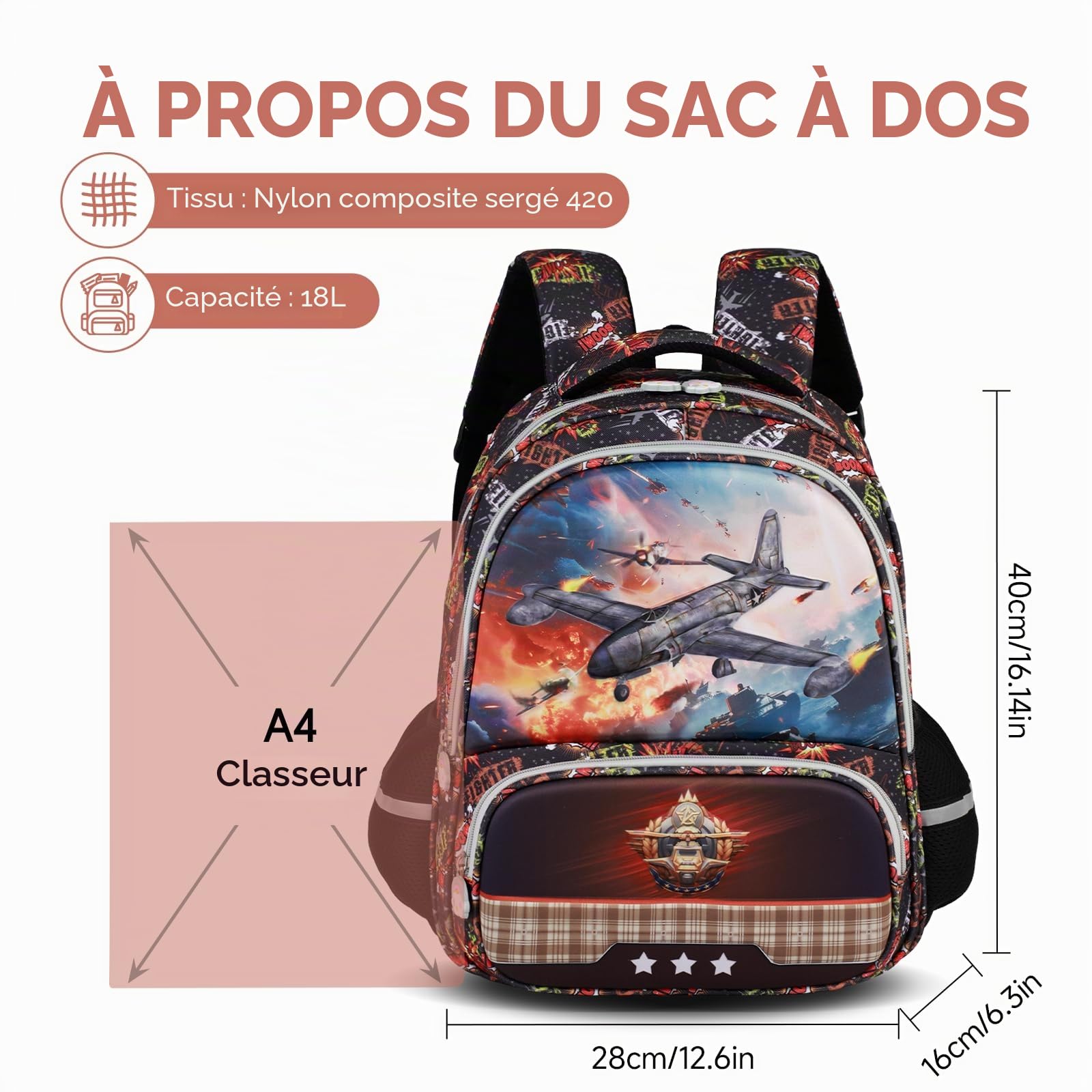 Amythe Cartable École Garçons Classes de 1 à 5 Respirant Voyage, Avion