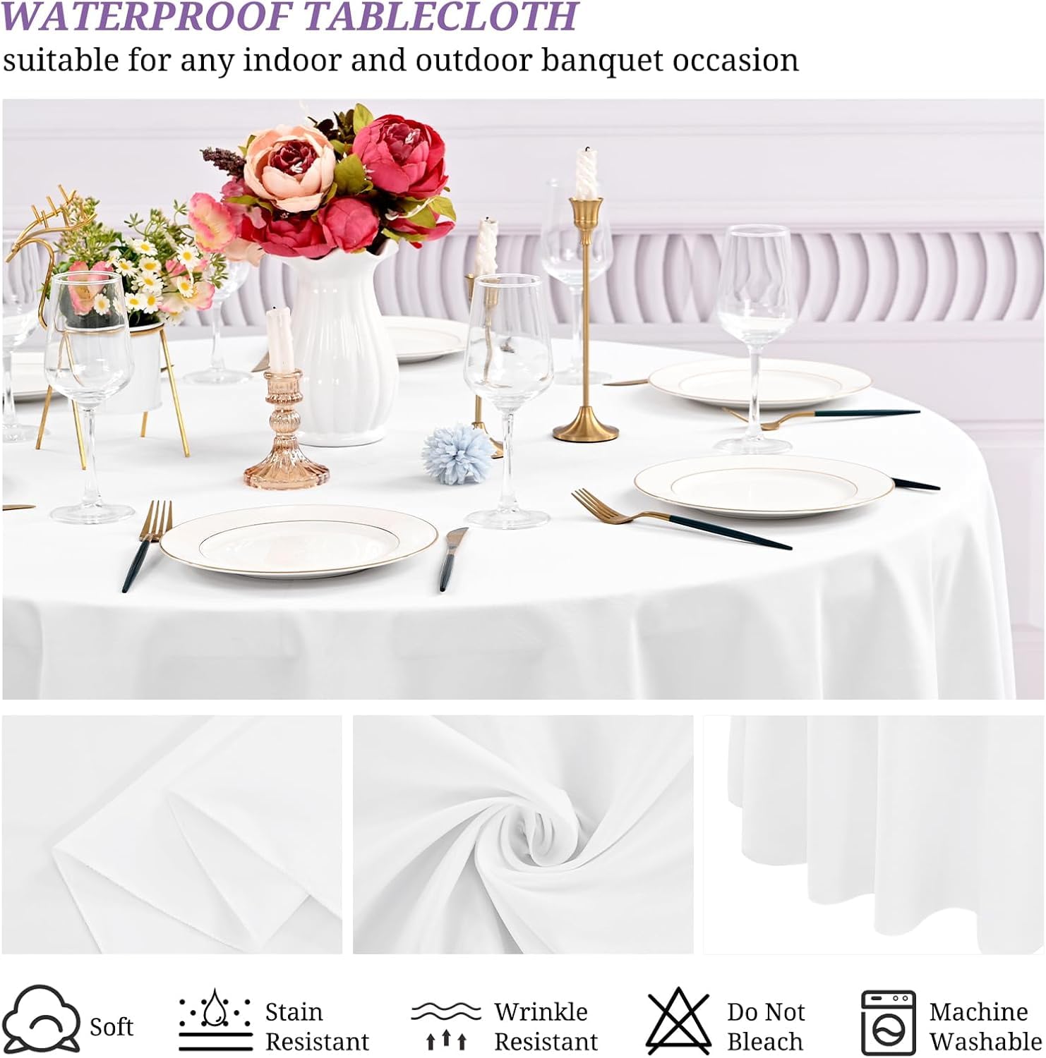 10 Stück Weiß Runde Tischdecke 229 cm,Runde Polyester-Tischdecke | Flecken- und Knitterfeste Tischdeckes,Waschbare Runde Tischdecken aus Stoff für Hochzeit, Bankettparty, Restaurant, Essen