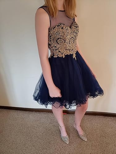 Miniatura 6 de MisShow Vestidos de tul para adolescentes, apliques de encaje dorado, vestido corto de graduación, sin mangas, vestidos de fiesta de cóctel