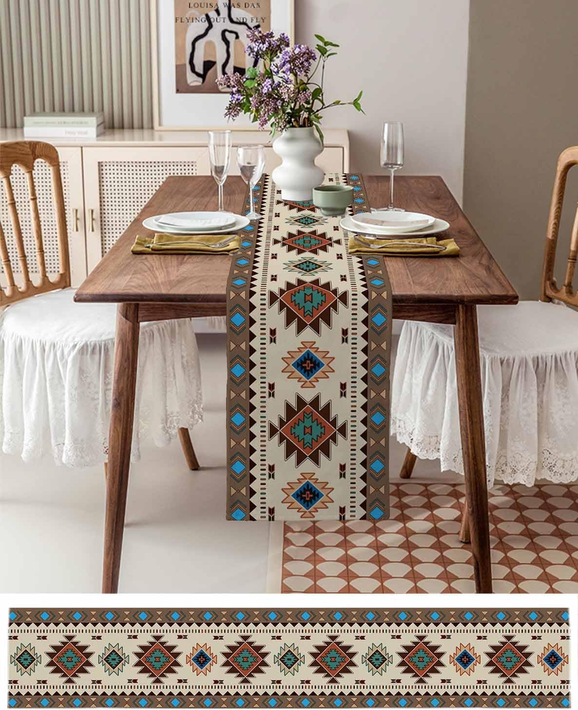 Southwestern Table Runner 72 Inches Long for Dining Table, Cotton Linen Farmhouse Table Runner Washable Coffee Runners for Kitchen Dresser Holiday Ethnic Illustration of a Zigzags Art 18x72in
