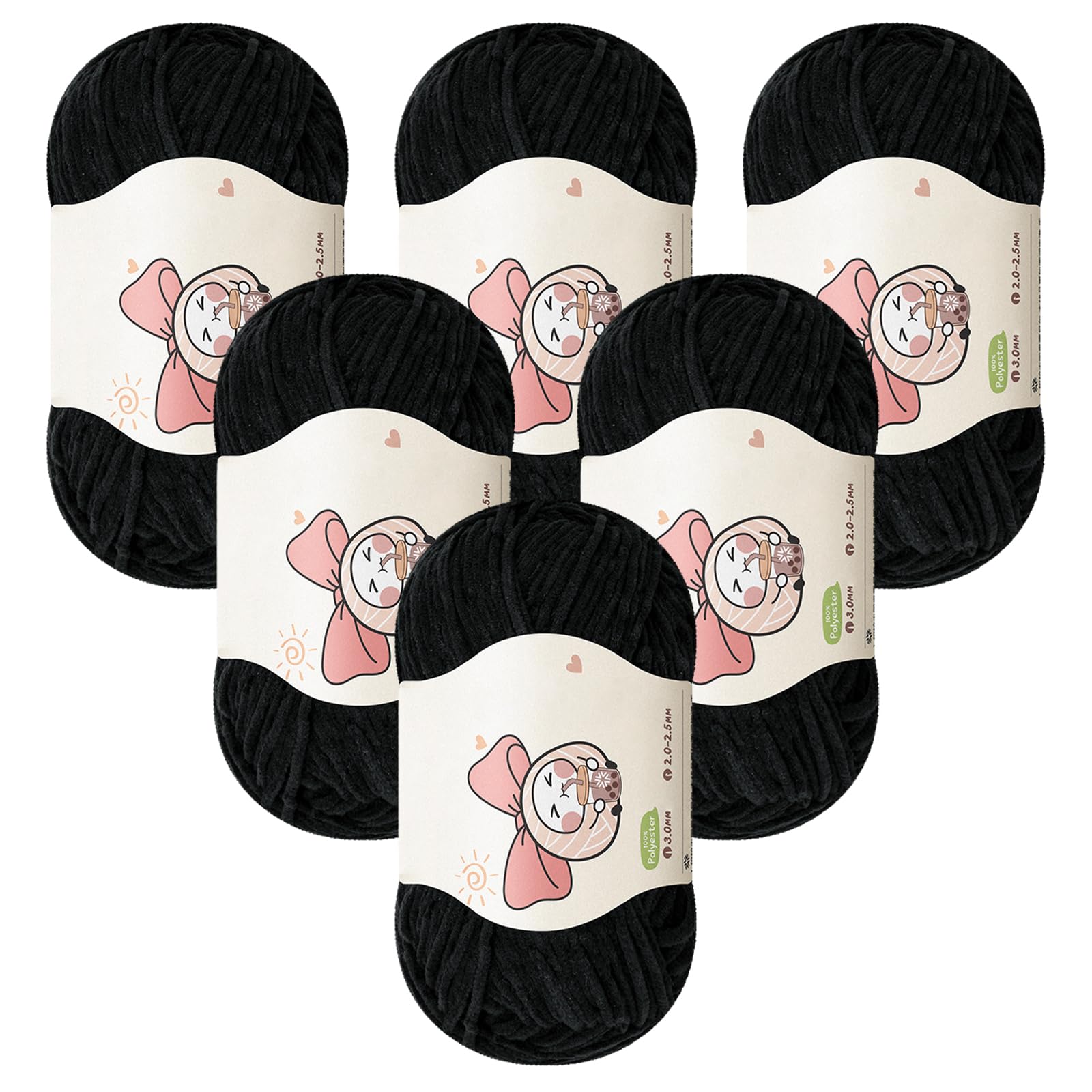 Aeelike Chenille Yarn zum Häkeln, 300g Superweichem Amigurumi Wolle, 2,5mm Fein Strickgarn, Chenille Baumwolle Set Weich, Babywolle zum Stricken (Häkelnadelgröße: 2,0–2,5 mm), Schwarz
