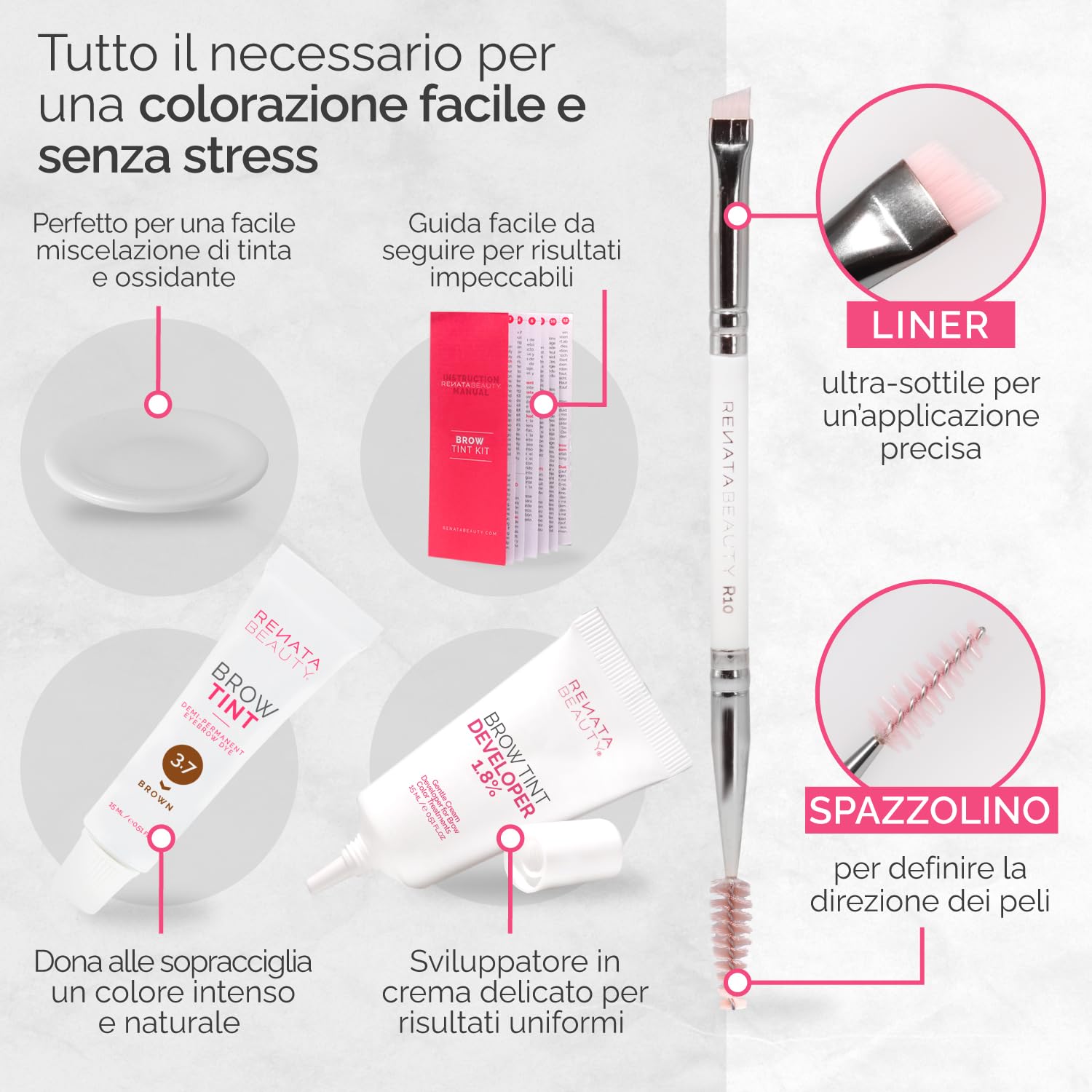 RENATA BEAUTY Kit Tinta Sopracciglia Semi-Permanente – Formula Delicata Senza PPD e Ammoniaca – Copre Peli Bianchi – Effetto Naturale Regolabile – Fino a 4 Settimane – 20 Applicazioni - Marrone
