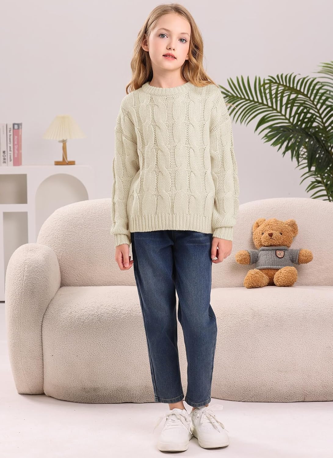 Girls Cable Knit Sweaters Chunky Long Sleeve Crewneck Drop Shoulder Warm Pullover Sweater Tops Size 5-14Y - Image 5