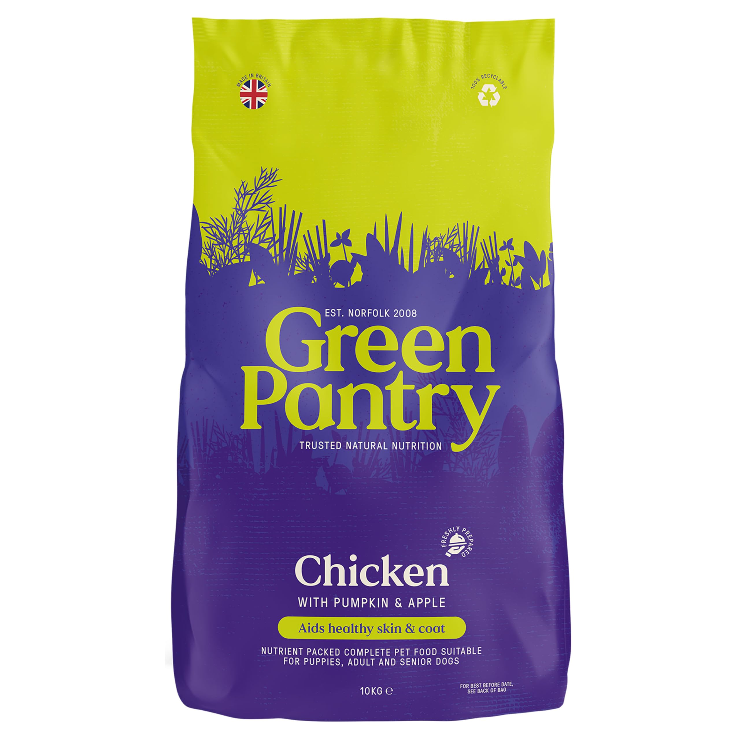 Green Pantry - Skin & Coat Support, Natural Grain Free Dry Dog Food, Chicken with Pumpkin & Apple, Hypoallergenic Adult Dog Food for Sensitive Skin & Coat, 10kg