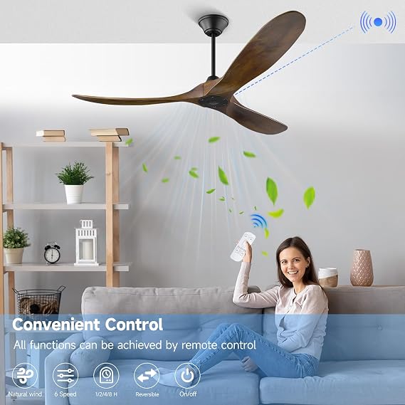 60Inch Ceiling Fan without Light, 3 Wood Blade 6 Speed Quiet Reversible DC Motor Ceiling fan with Remote Control, Large Indoor Outdoor Ceiling Fans for Patios Bedroom Living Room Farmhouse