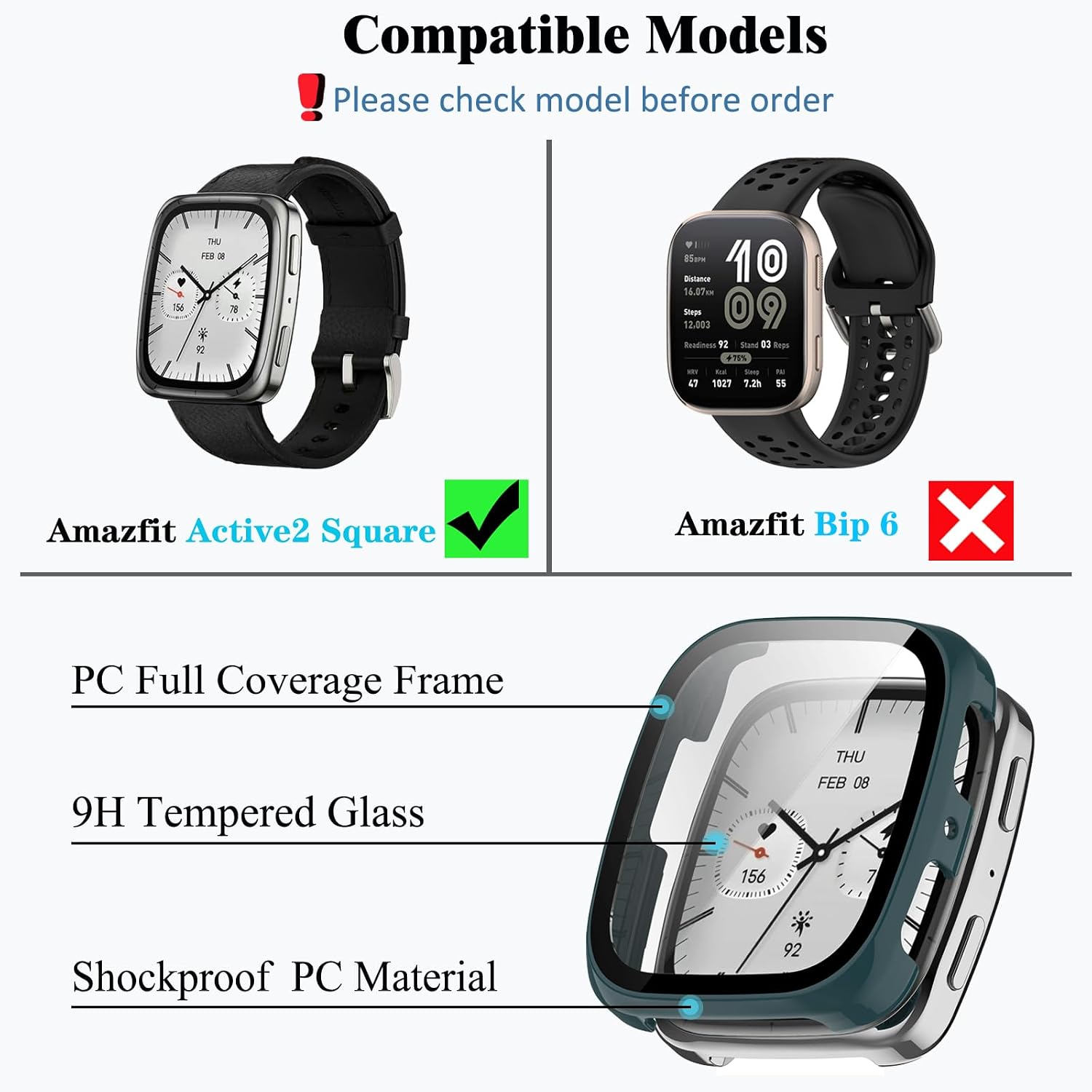 [4-Pack] Screen Protector Case with Tempered Glass Compitible with Amazfit Active 2 Square Smart Watch, Hard PC Case Screen Protector Cover Bumper Accessories for Women Men