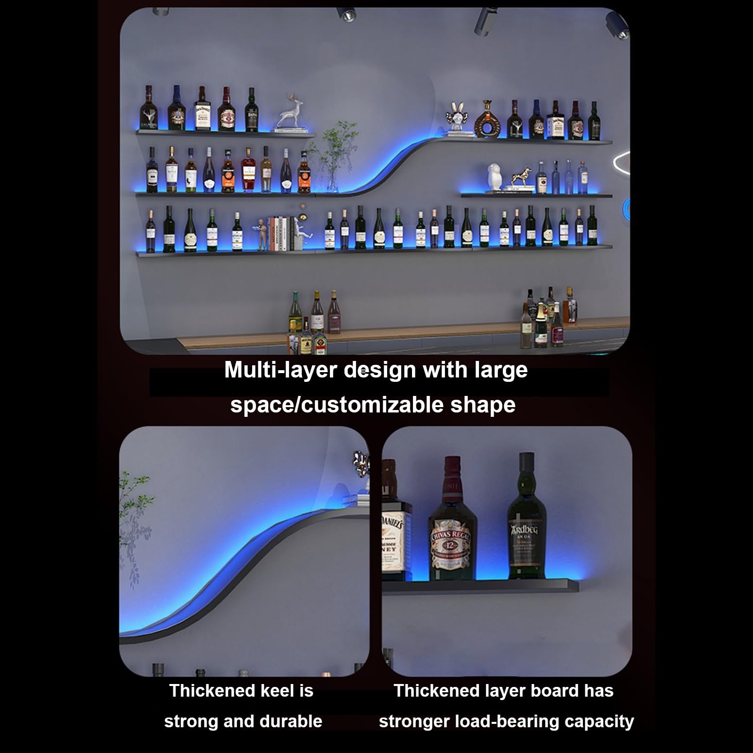 Espositore per vino da parete in metallo moderno, Vetrinetta Pensile, Espositore Creativo Per Vino Da Parete, Ripiani Portaoggetti Espositore, per Cucina Bar Caffetteria(100*20cm/39.4*7.9in)