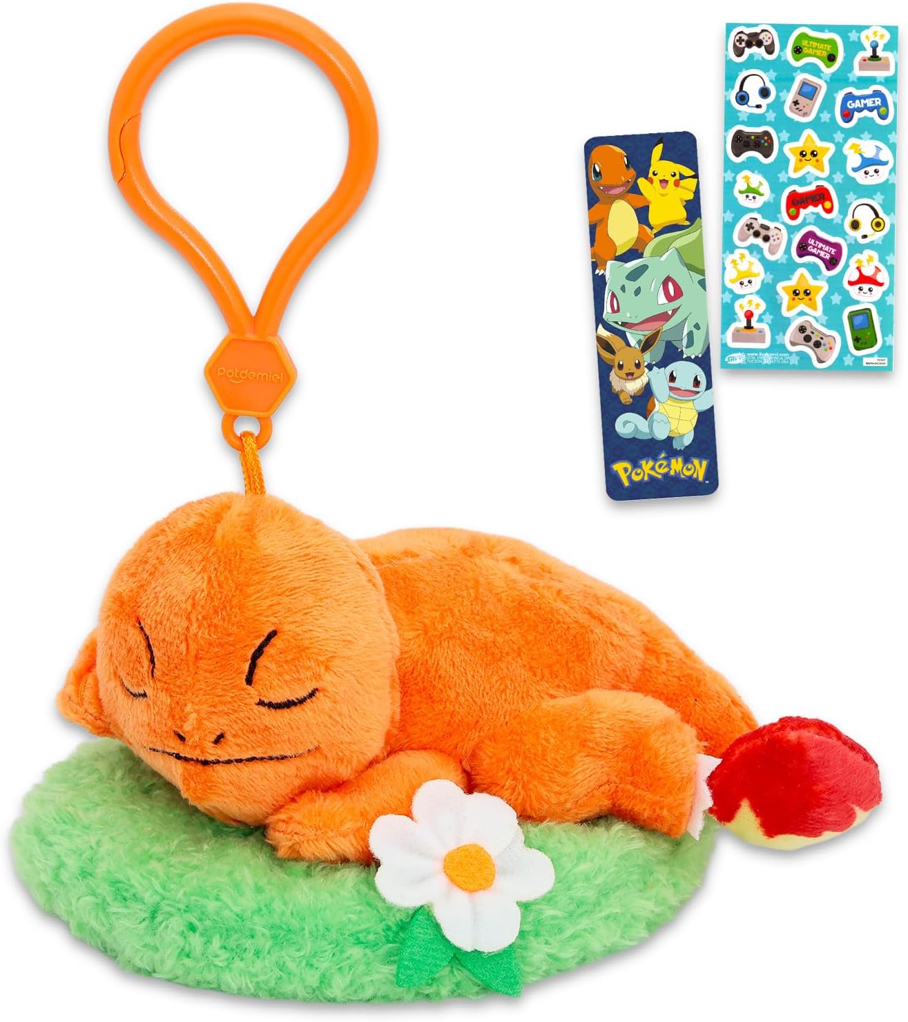 Charmander Plush Keychain Set - Bag Clip Bundle with 6" Pokemon Keychain Plushie Plus Stickers, More | Pokemon Charmander Plush Keychains for Backpack