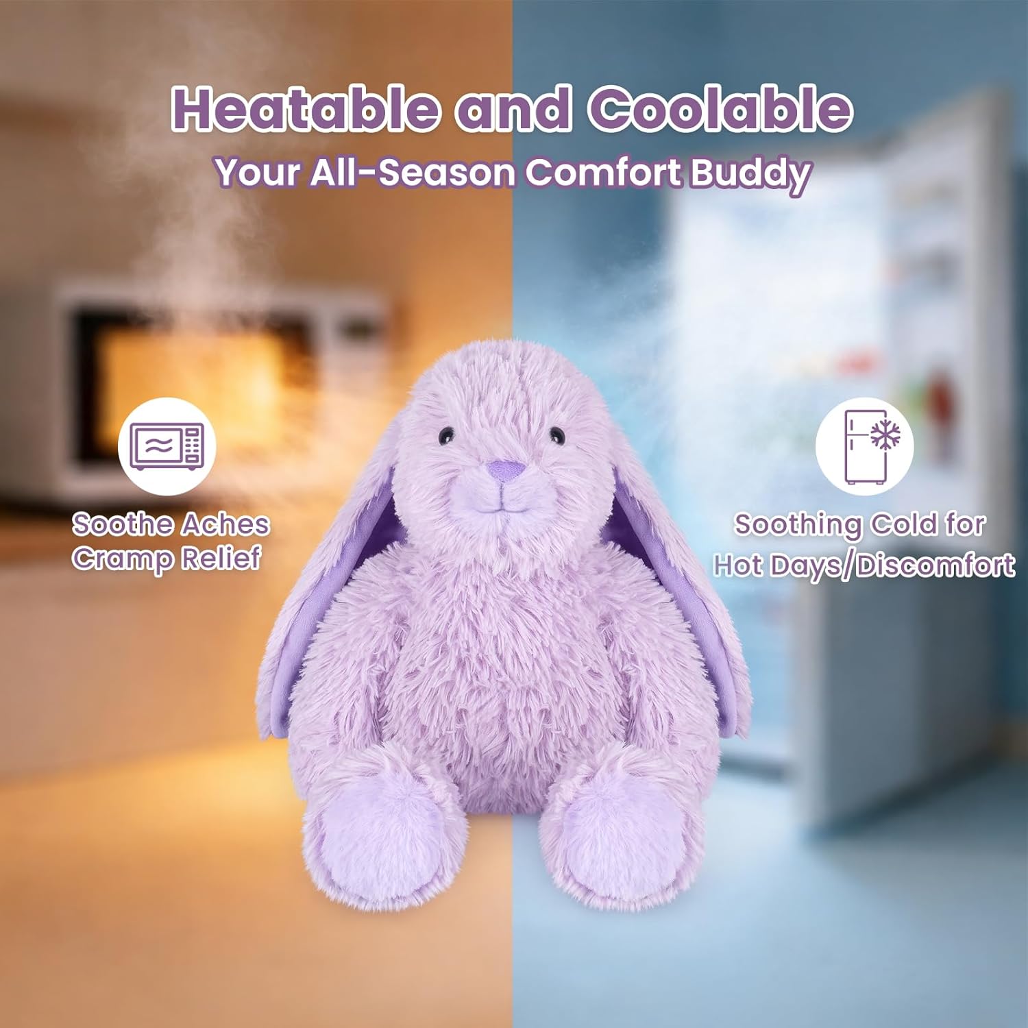 SuzziPals Heatable & Coolable Purple Bunny Stuffed Animal Heating Pad for Soothing & Relaxation, Lavender Purple Bunny Plush for Discomfort, Rabbit Stuffed Animals for Kids, Easter Bunny Plushies Gift