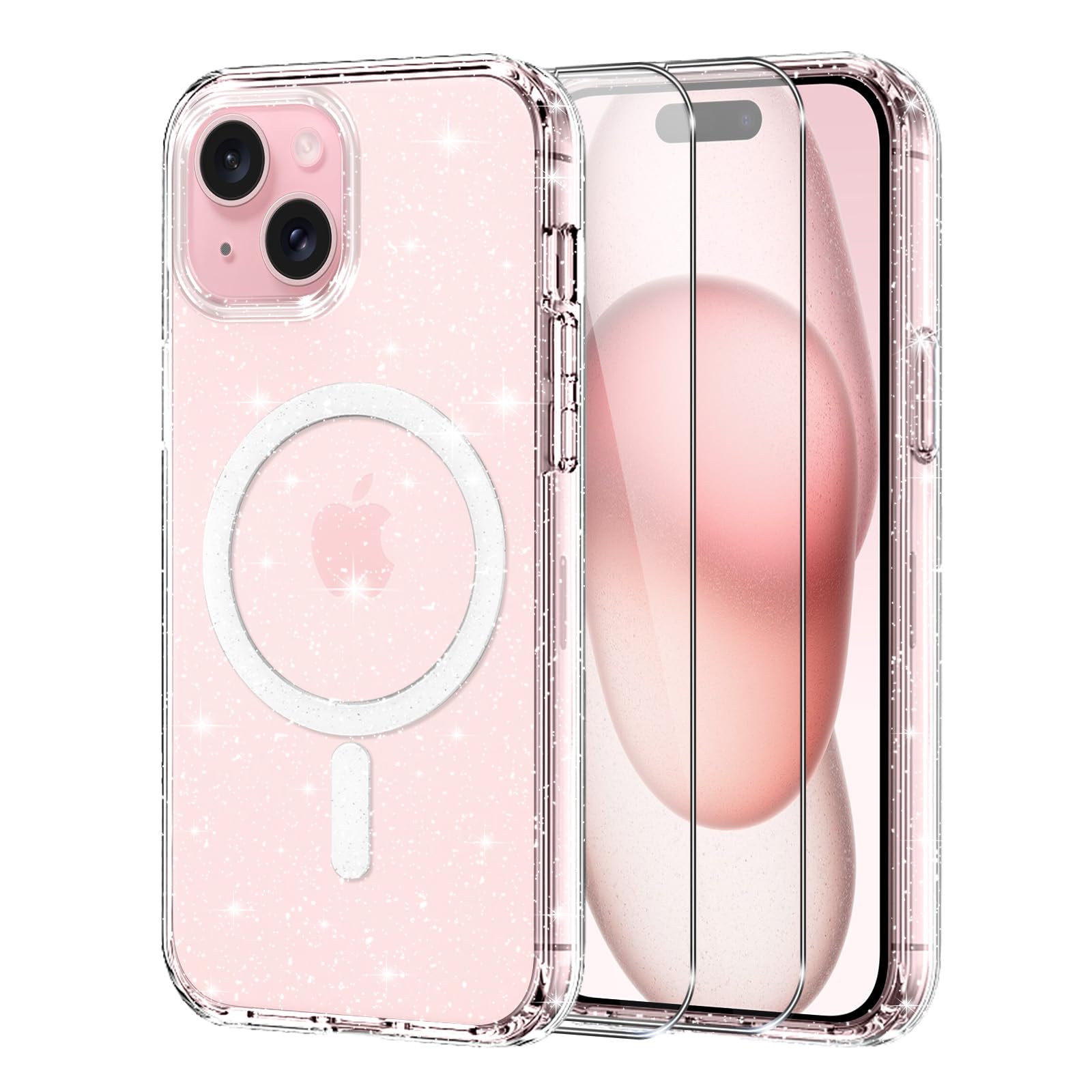 Funda de Purpurina para iPhone 15 Plus con MagSafe, Carcasa Magnética Transparente Brillante de TPU con [2X Protector de Pantalla], Funda Antigolpes para iPhone 15 Plus