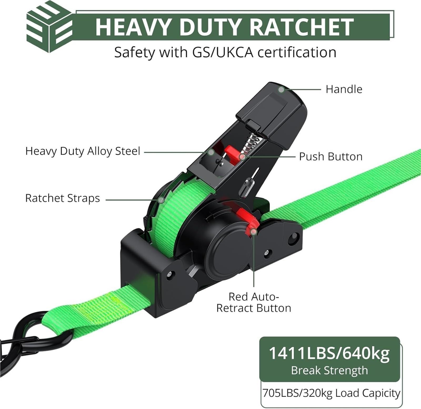 cinchas de Amarre Correas de Amarre con trinquete retráctiles (Paquete 4): Longitud 3,5 m, Resistencia a la Rotura 640 kg, Mecanismo retracción automática, Ganchos en S