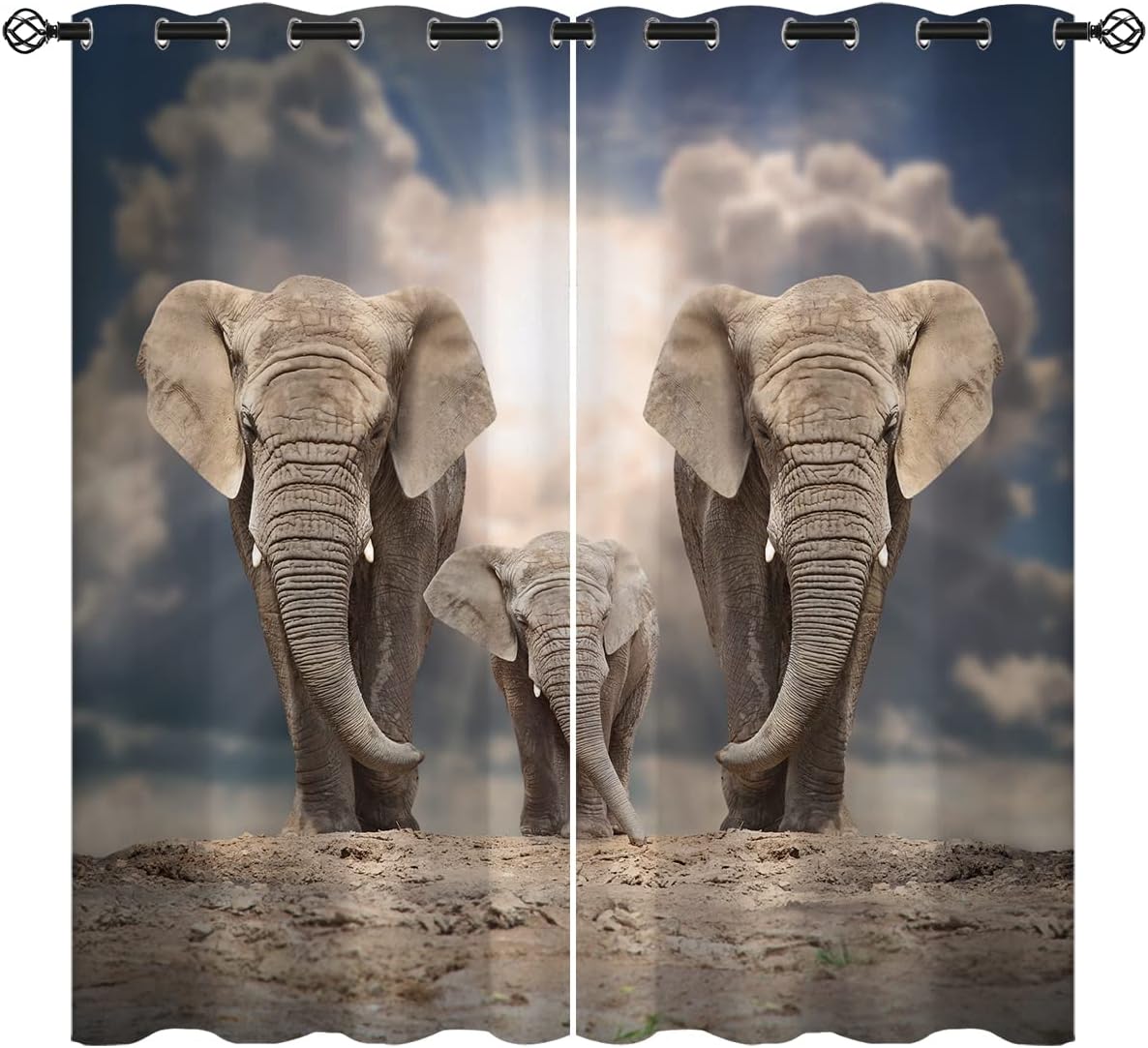 Elephant Blackout Curtains for Girls Boy Home Decor, African Wild Animal Family Exotic Grommet Thermal Insulated Drapes Darkening Window Curtain for Bedroom Living Room, 42 x 63 Inch