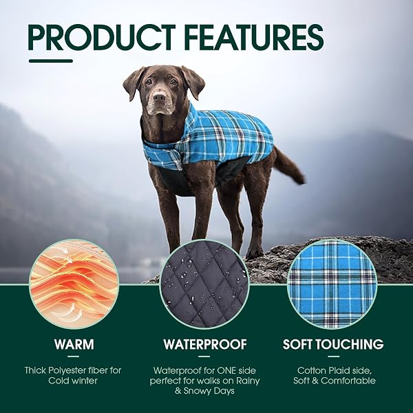 Kuoser Waterproof Dog Coat, Reversible Dog Jacket for Large Dogs, Adjustable Durable Doggie Winter Coat for Groowing Puppies Warm Puppy Cold Weather Apparel, Blue 2XL - 3
