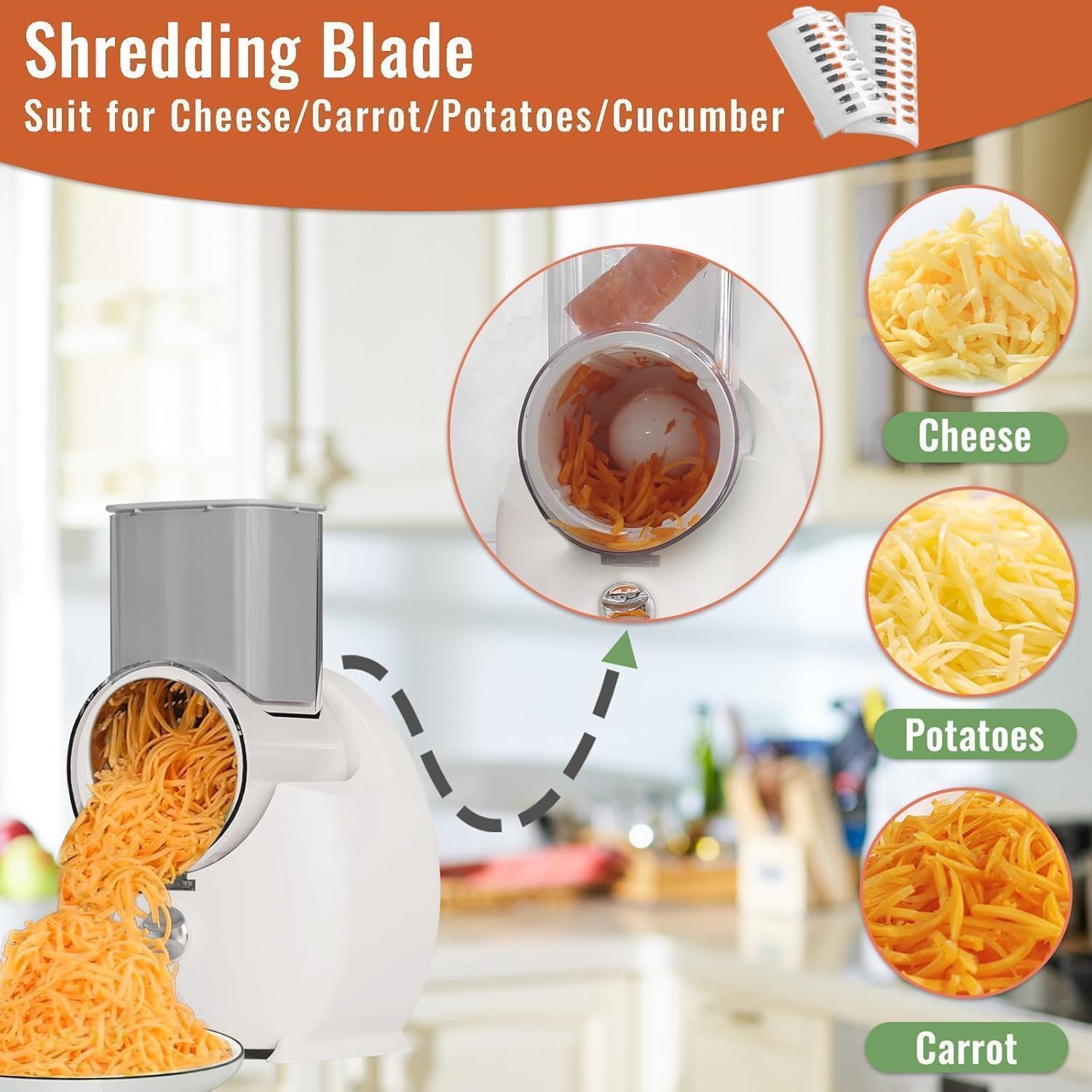 Electric Cheese Grater for Block Cheese,2025 Upgrade Electric Grater for Home Kitchen Use,3 Changeable Blades Salad Shooter Electric Slicer/Shredder for Vegetable Fruit Nuts White