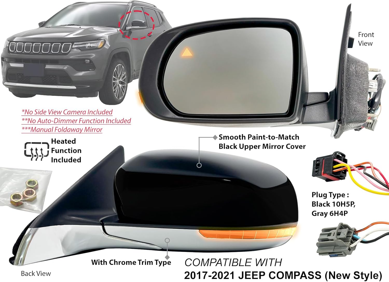 APA Replacement Rear View Mirror Compatible with 2017-2021 COMPASS Compass Power Heated with Turn Signal Light Blind Spot Detection Chrome Trim Driver Side 68365147AA CH1320502