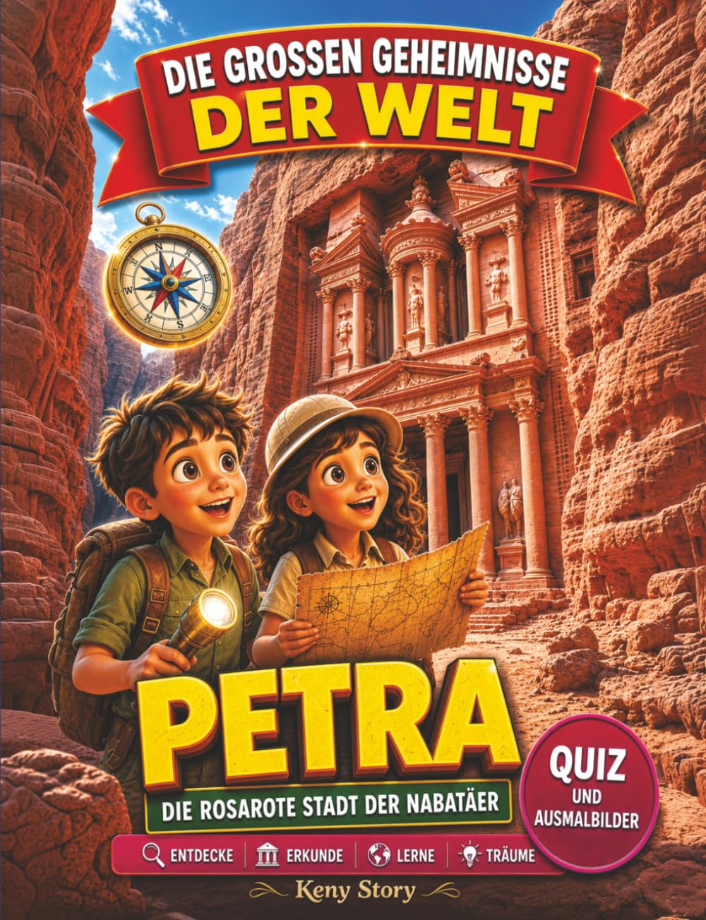Petra: Die wahre Geschichte hinter dem Geheimnis: Nabatäer, rosarote Felsenstadt, Schatzhaus, Karawanen, Wüstenkanäle, verlorene Stadt, Jordanien, Quiz und Ausmalbilder für Kinder