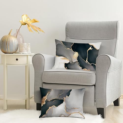 Miniatura 7 de Bonhause Juego de 4 fundas de almohada decorativas modernas con textura de mármol negro dorado y gris de 18 x 18 pulgadas, para sofá, cama,