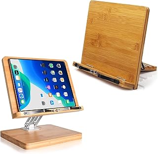 حامل كتب قابل للتعديل للقراءة واللاب توب ومشابك ورق للصفحات، حافظة مستندات محمولة، للموسيقى والتابلت والكتب ووصفات الطبخ من خشب الخيزران