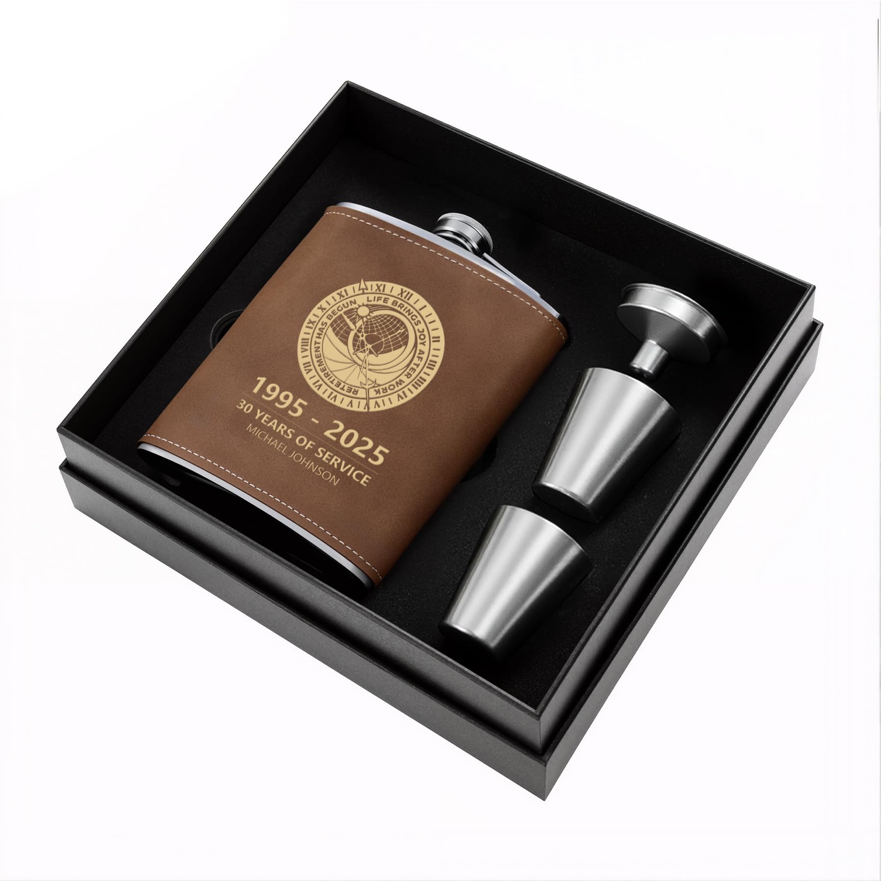 Retirement Gifts for Men Personalised Hip Flask 8oz Engraved Whisky Flask Set 304 Stainless Steel with Funnel and Cups, Personalized Retirement Gifts for Men Fathers Day Birthday, Brown