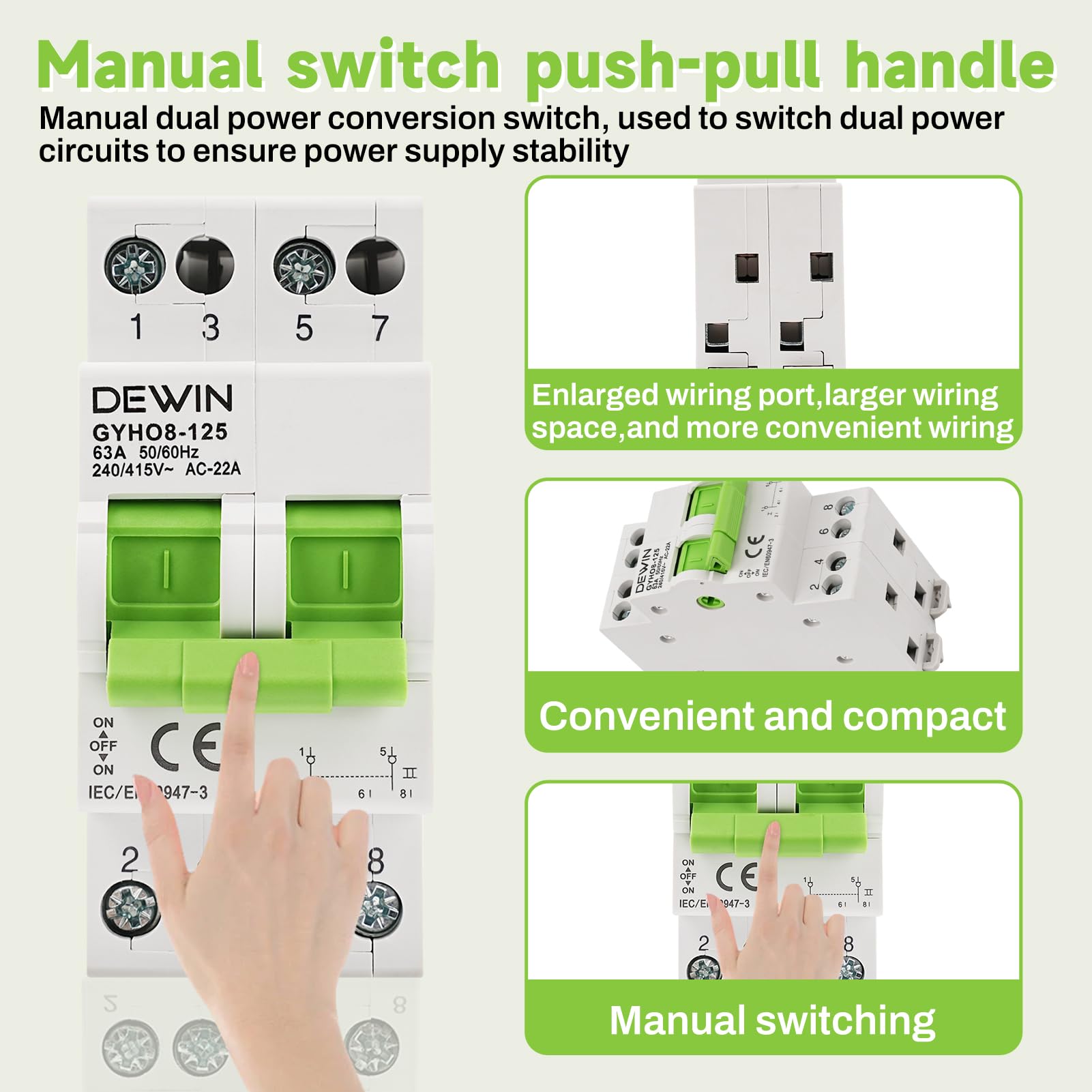 DEWIN Transferschalter 2 Polig, Transferschalter Hutschienen Manueller Transferschalter Dual Power Transfer Isolation Switch 2P 63A AC 230V